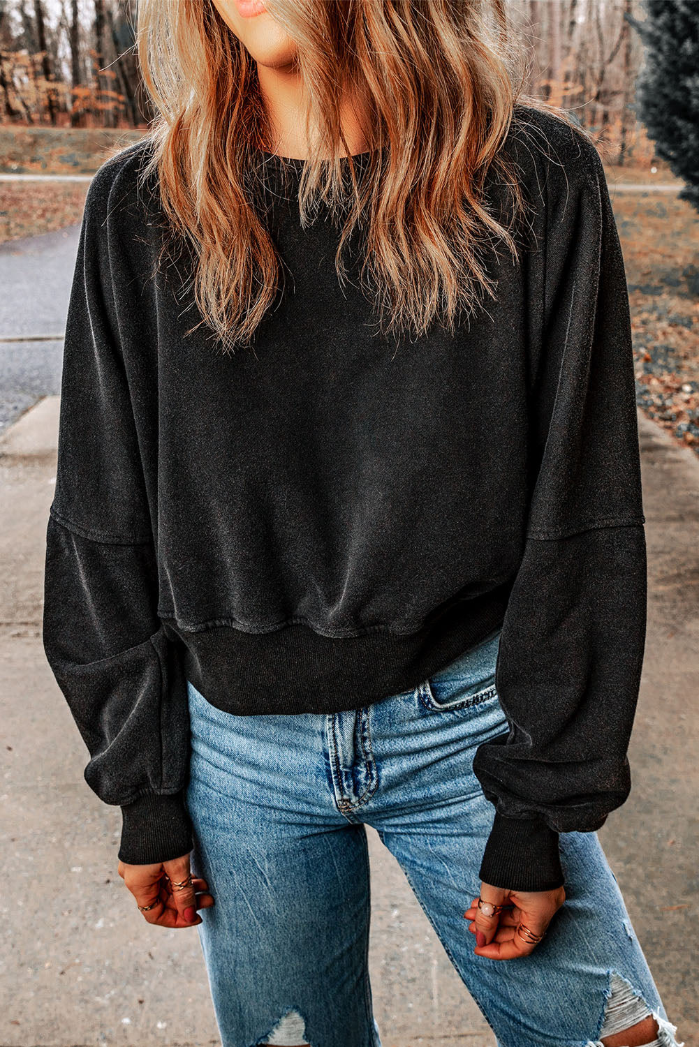 Black Acid Wash V-shape Open Back Sweatshirt eAura