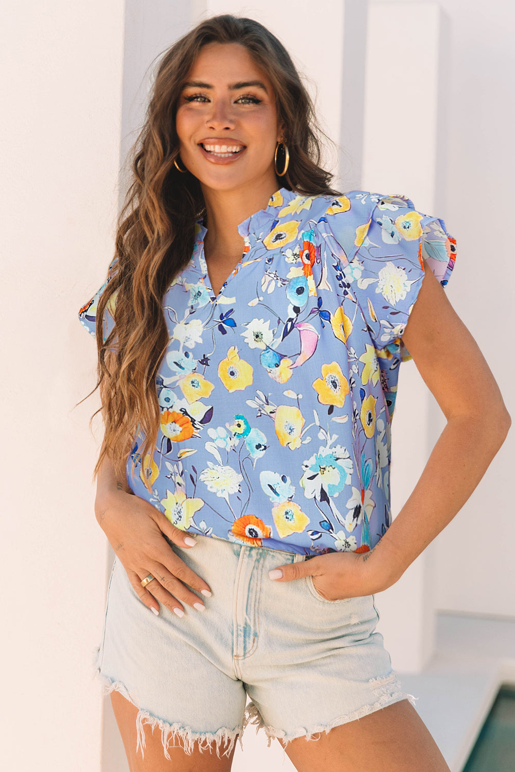 Flutter Sleeve V-Neck Floral Top eAura