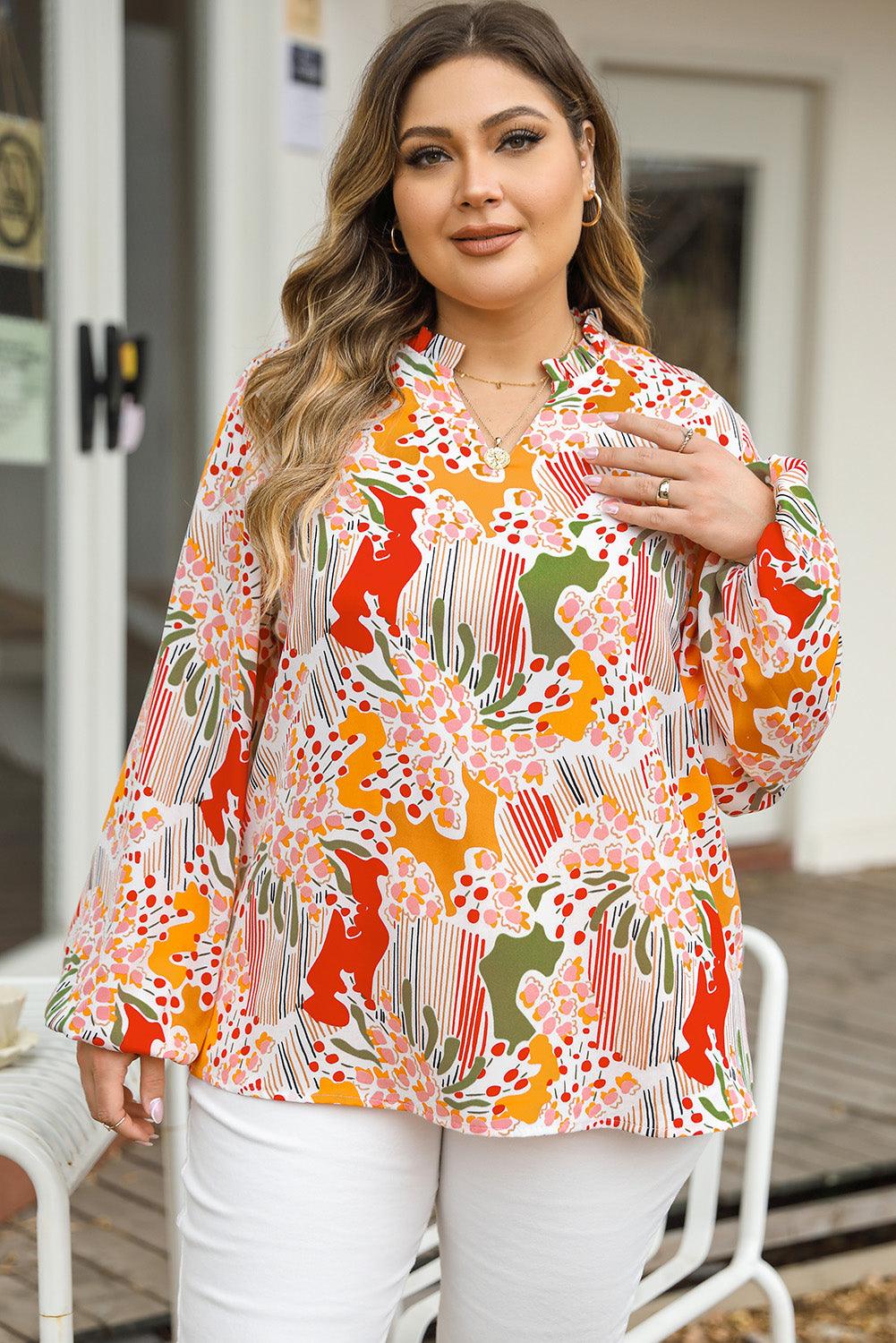 Orange Printed Floral Abstract Print Frilled V Neck Plus Size Blouse BB Fashion Outlet