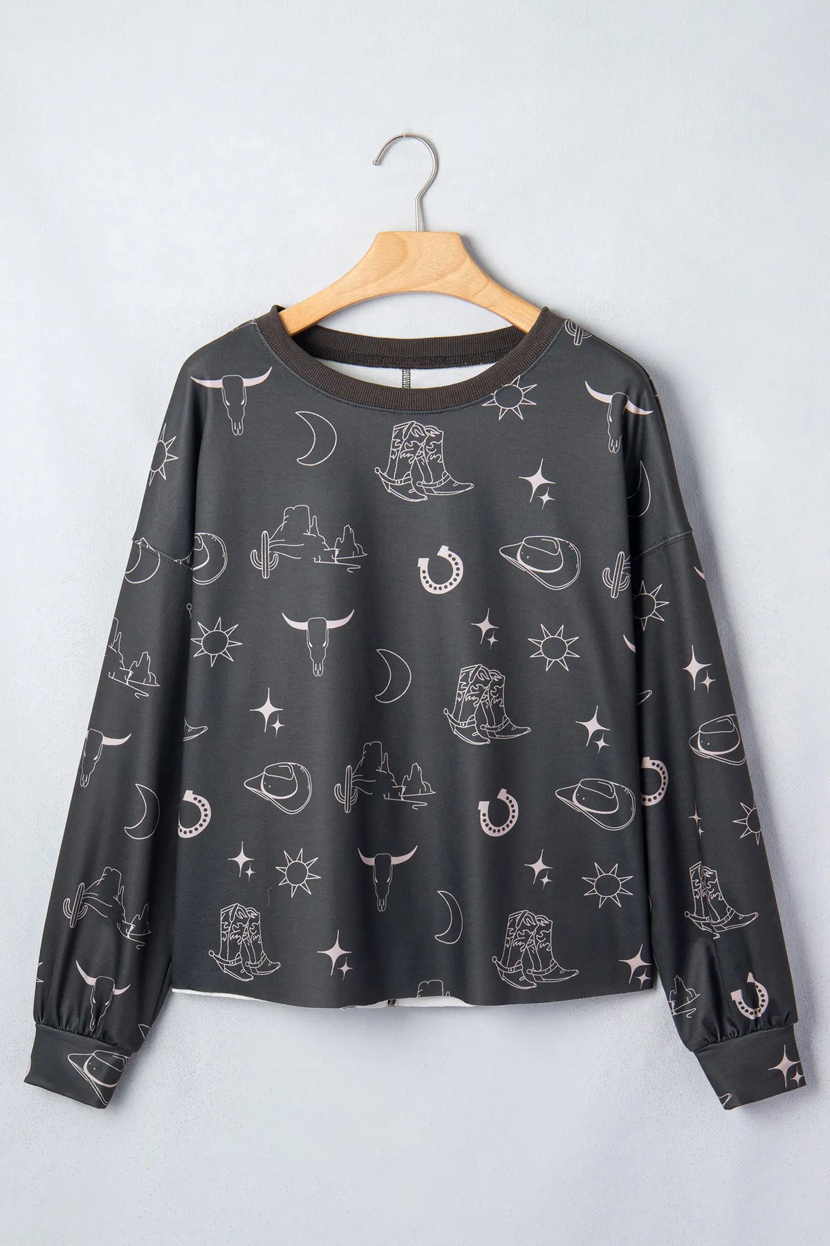 Western Print Crew Neck Sweatshirt – Grey