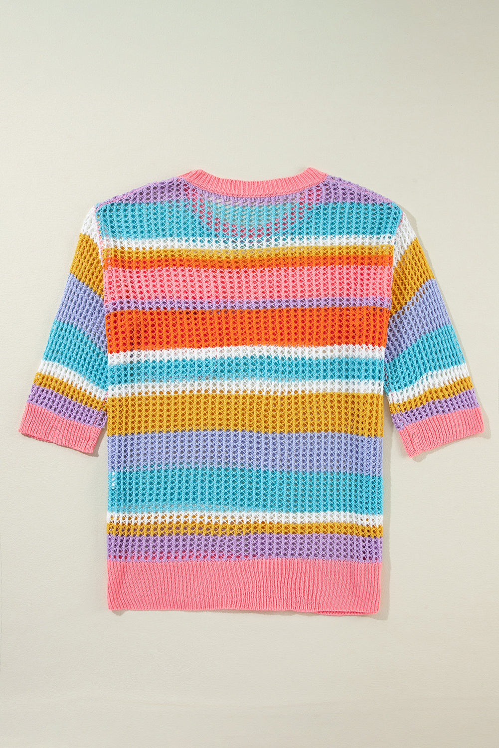 Pink Stripe Colourblock Hollowed Crochet 3/4 Sleeve Sweater eAura