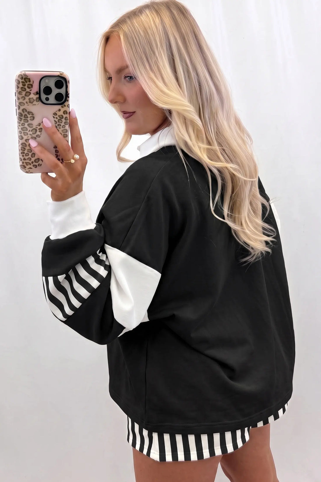 Striped Colour Block Pullover Top Drawstring Shorts Set