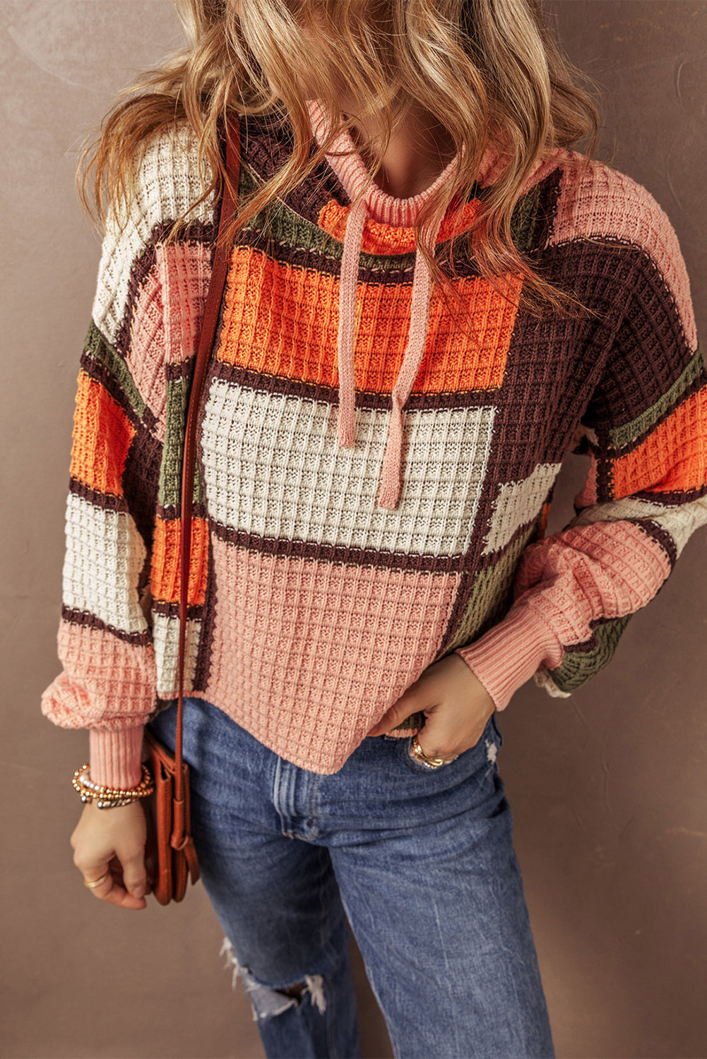 Orange Colour Block Waffle Knit Drawstring Mock Neck Sweater eAura