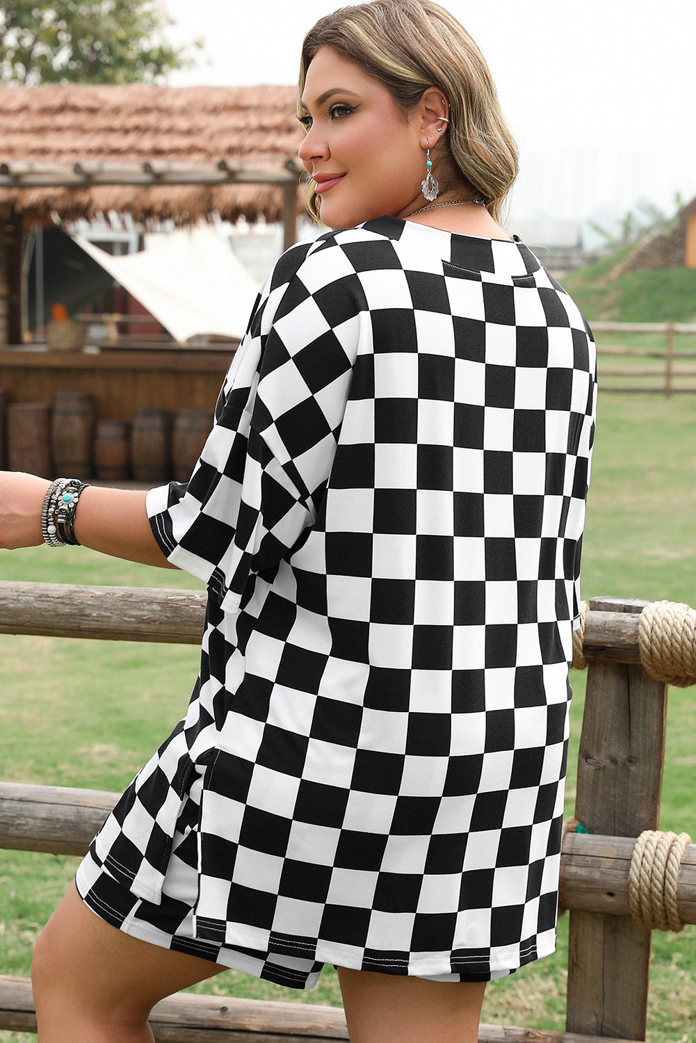 Black Checkered Pattern Tee and Shorts Plus Size Two Piece Set BB Fashion Outlet