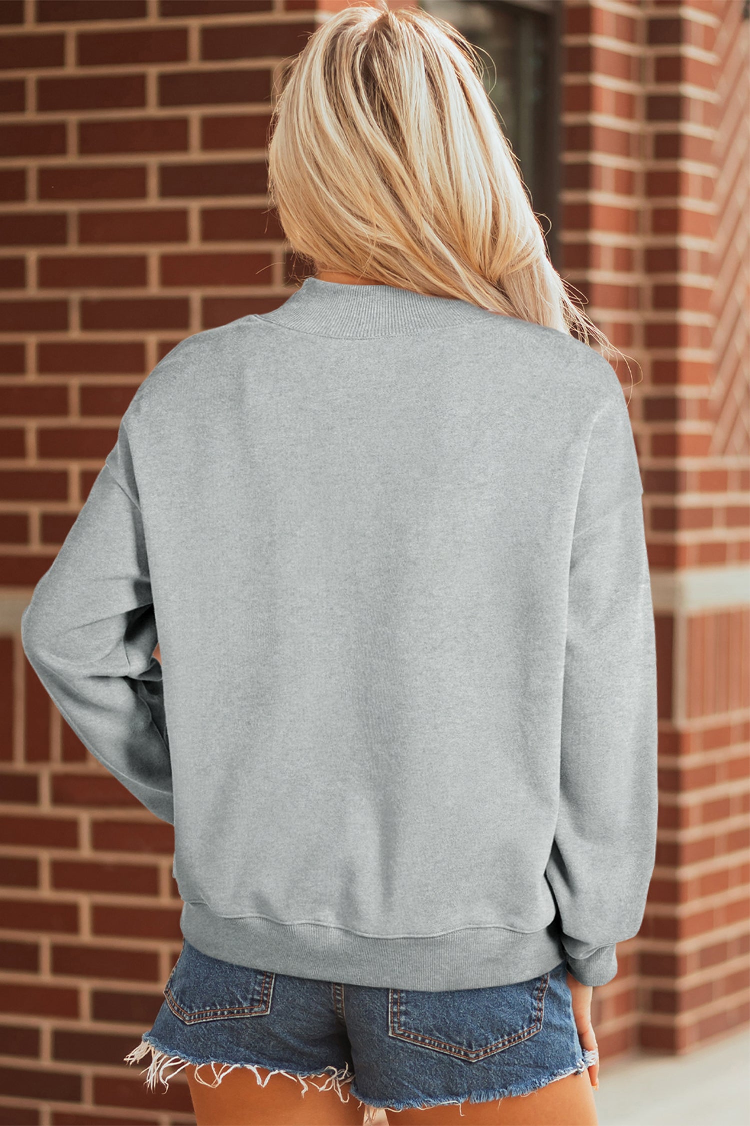 hello fall Embroidered Pumpkin Detail Mock Neck Sweatshirt – Gray