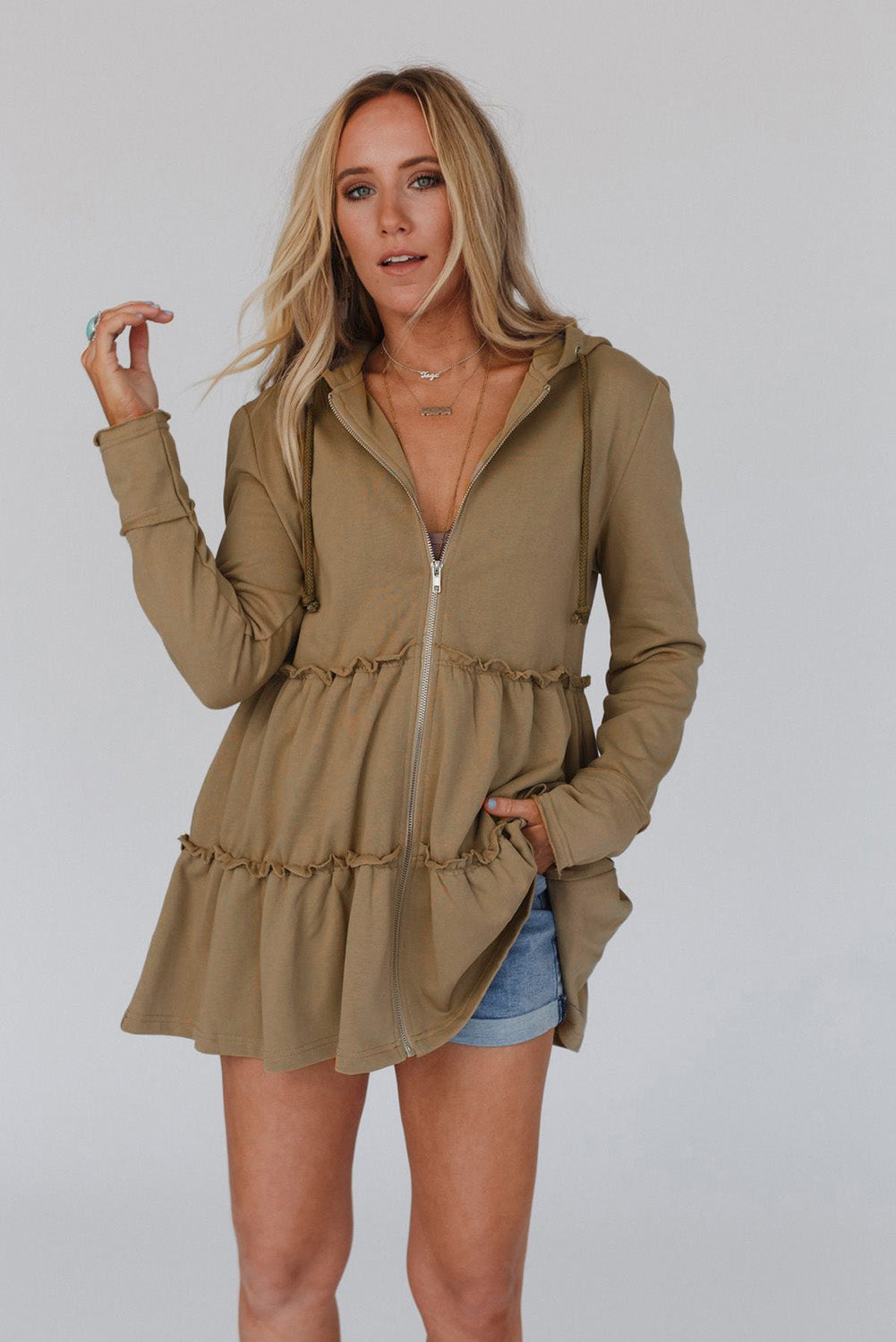 Khaki Tiered Ruffled Zip-Up Drawstring Hooded Jacket eAura