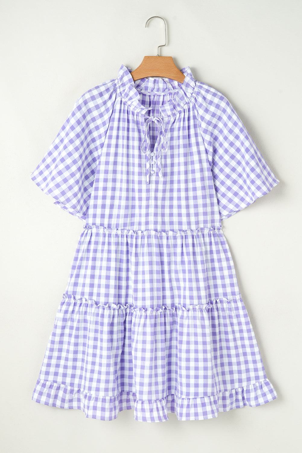 Lavendula Plaid Ruffle Wide Short Sleeve Babydoll Mini Dress eAura