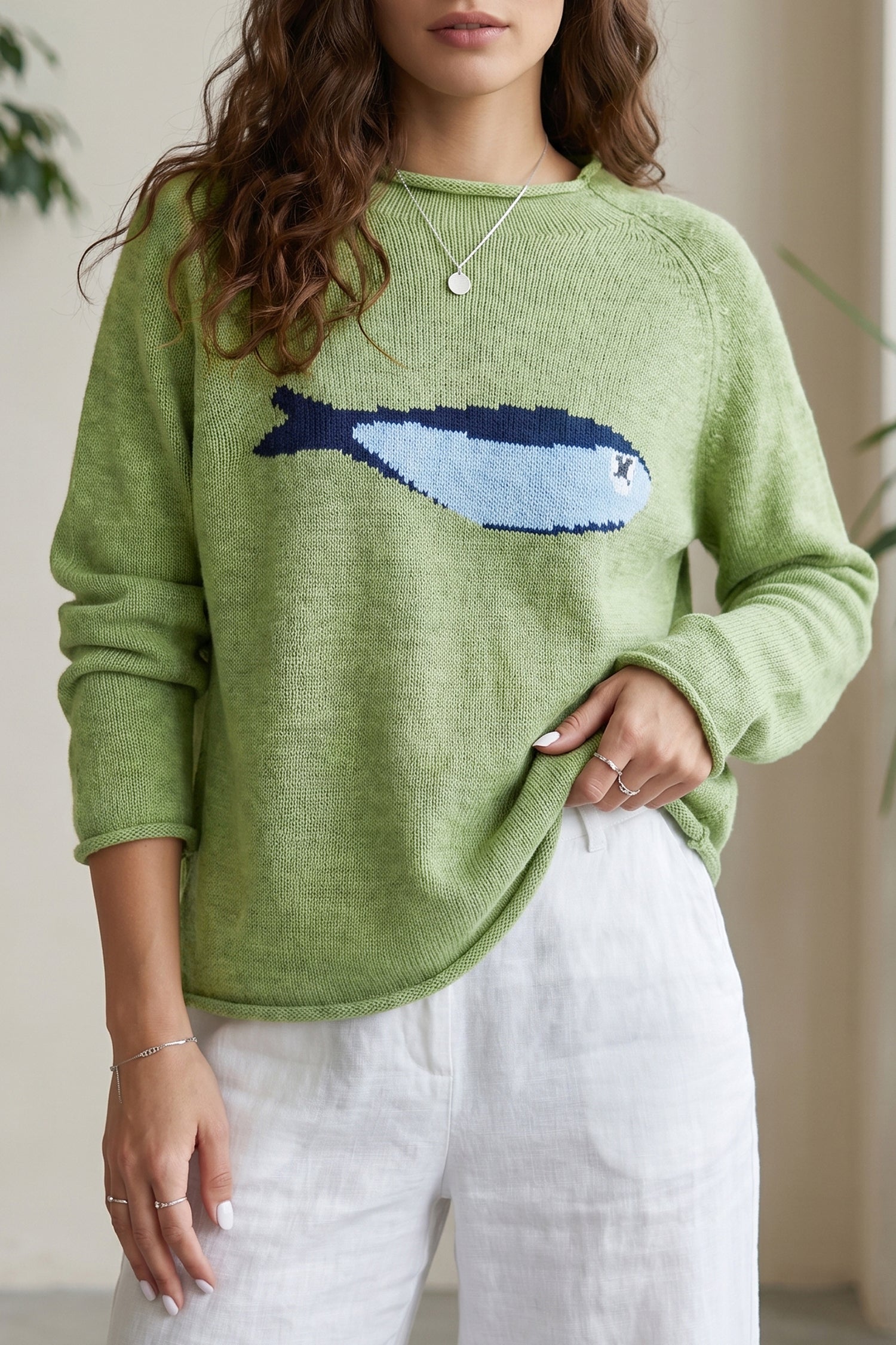 Unique Fish Knit Oversized Round Neck Sweater – Meadow Mist Green