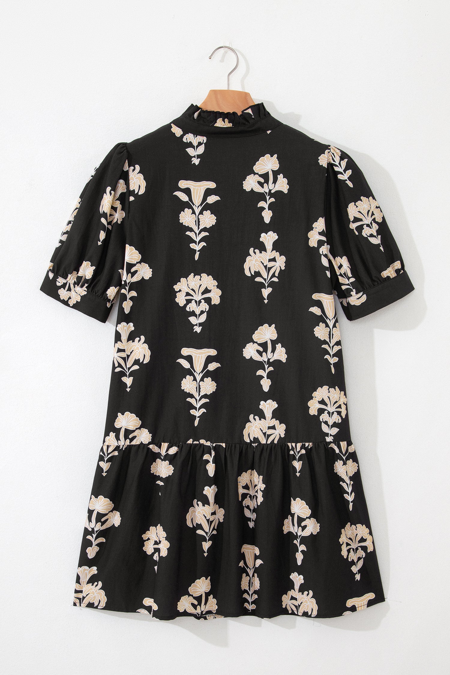 Floral Frill V-Neck Puff Sleeve Drop Waist Mini Dress