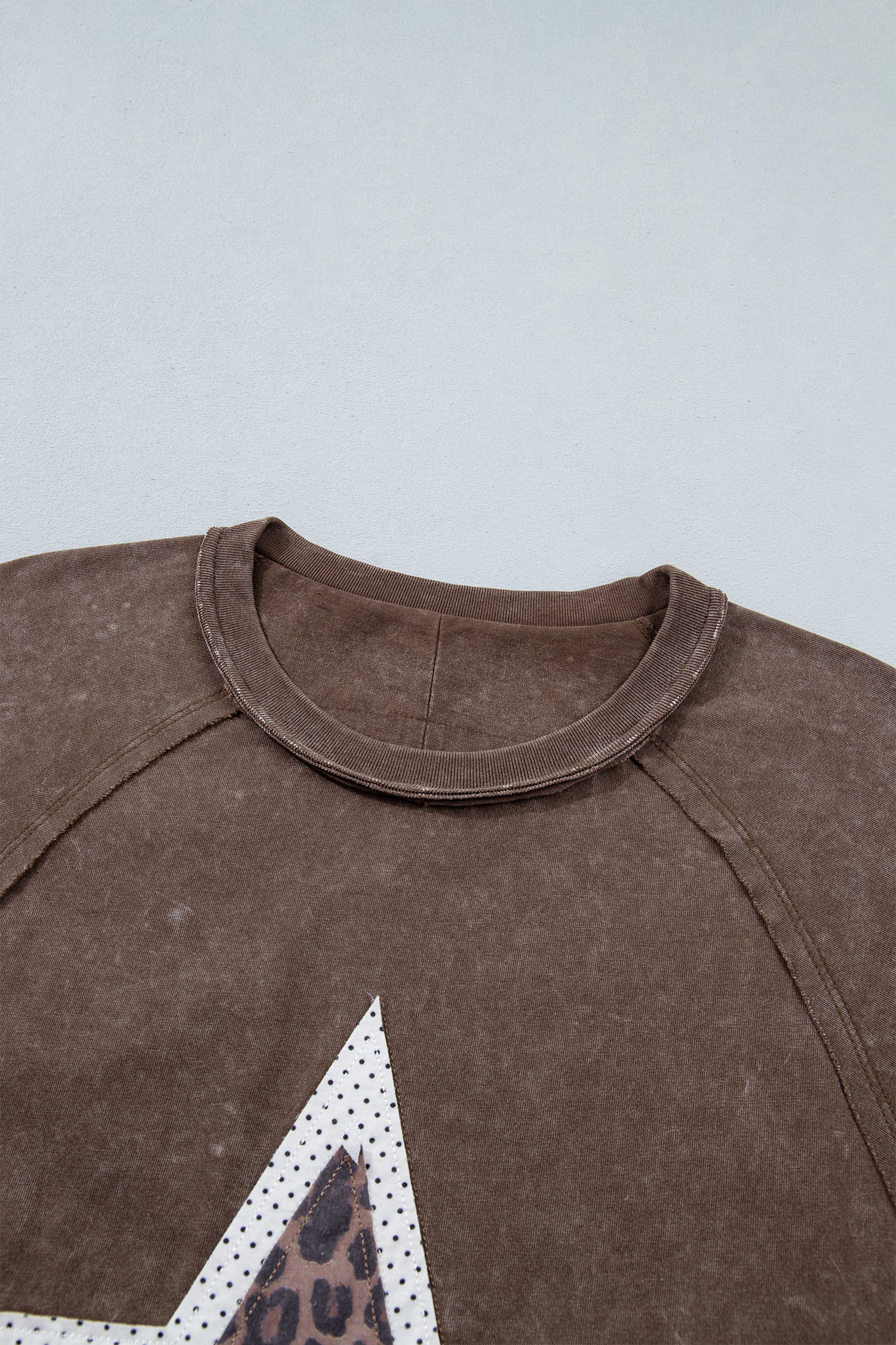 Coffee Mineral Wash Exposed Seam Leopard Star Patched T Shirt – Brown