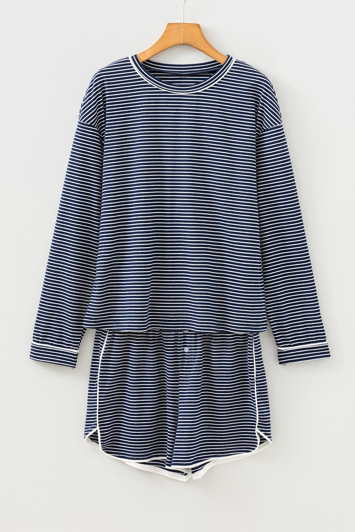 Stripe Drop Shoulder Long Sleeve Tee and Buttoned Shorts Pyjama Set - Loungewear & Sleepwear/Pyjama