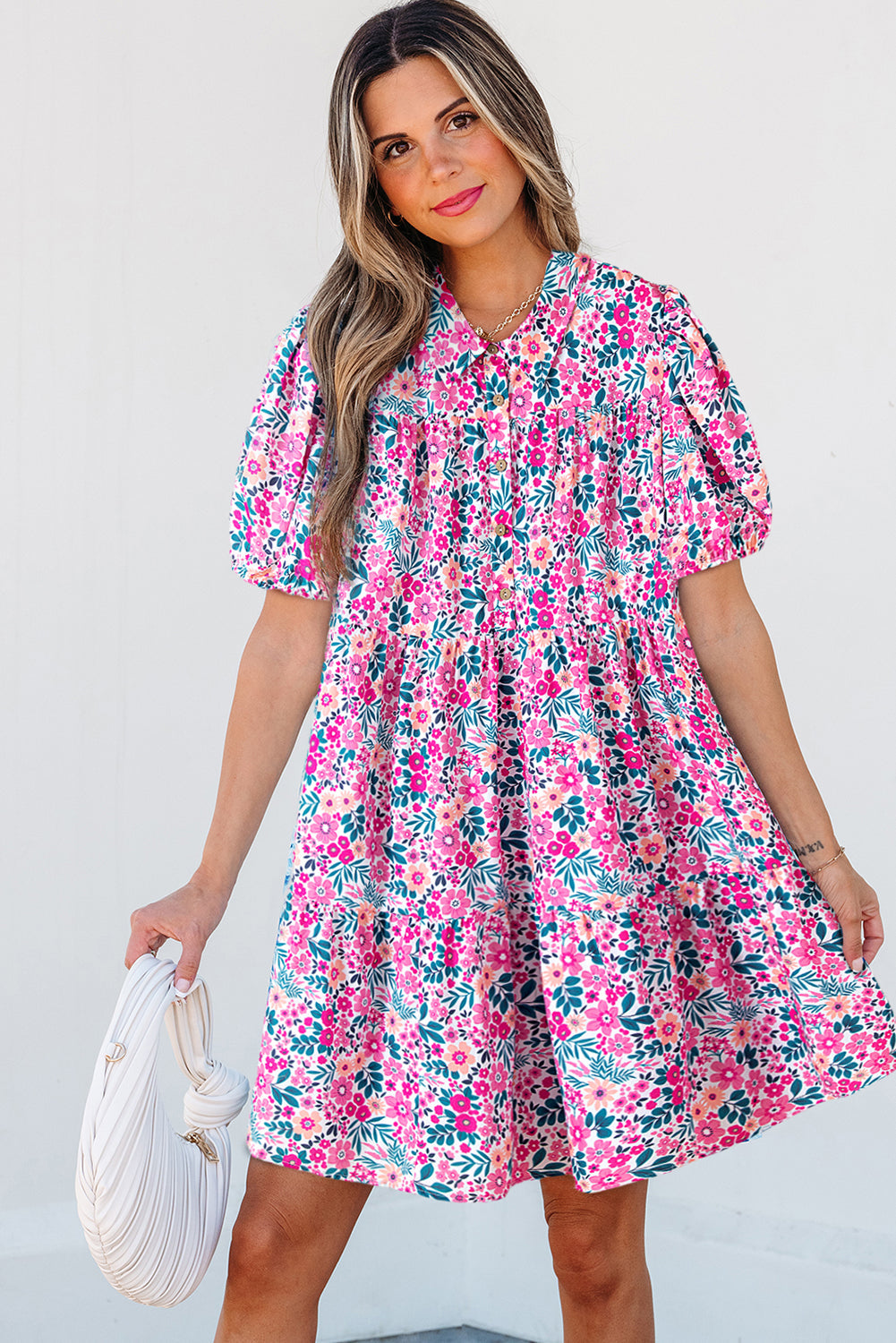 Pink Floral Collared Half Placket Short Sleeve Loose Dress eAura