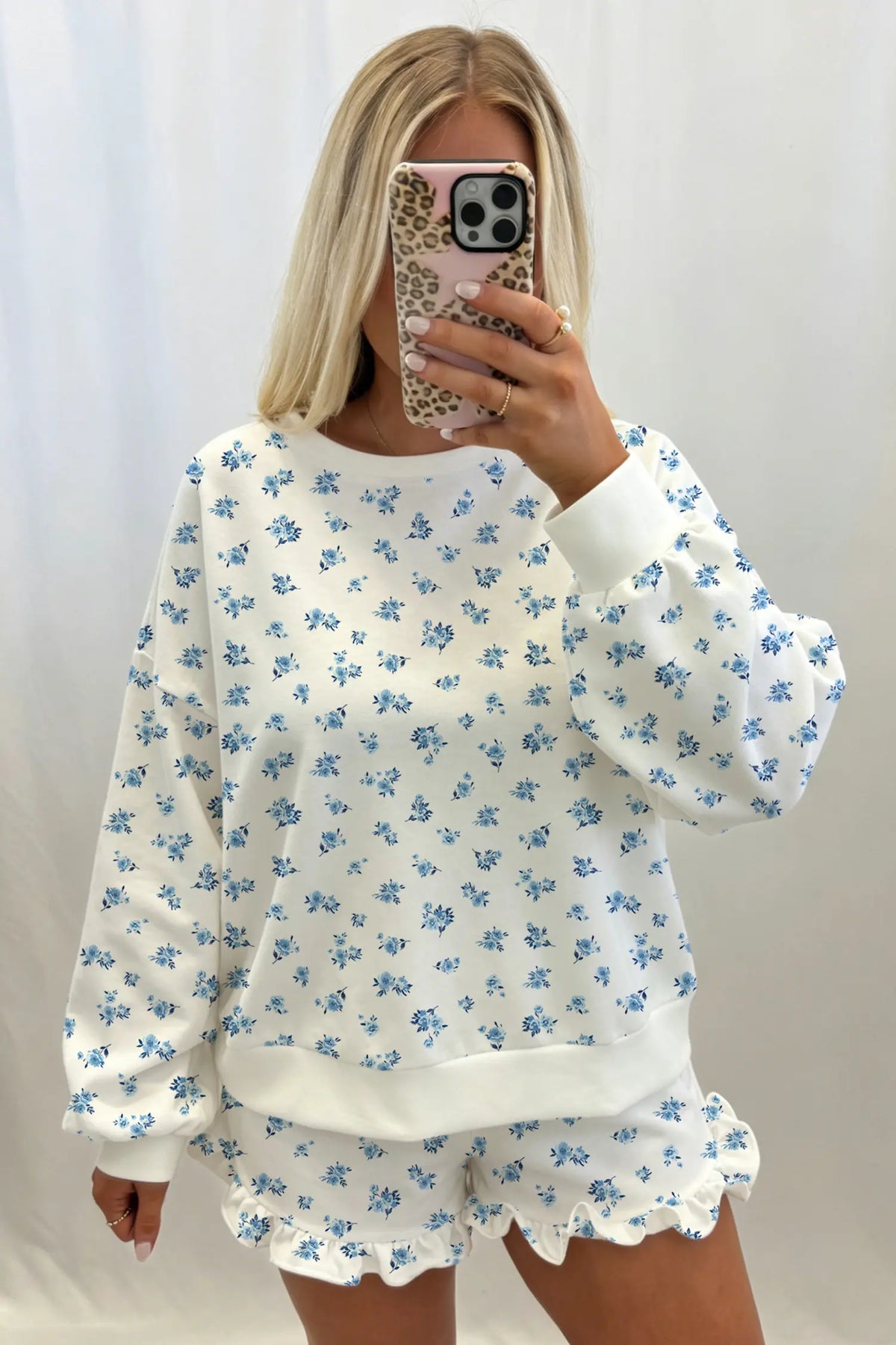 Floral Print Long Sleeve Top Elastic Waist Ruffle Hem Shorts 2pcs Set – Sky Blue