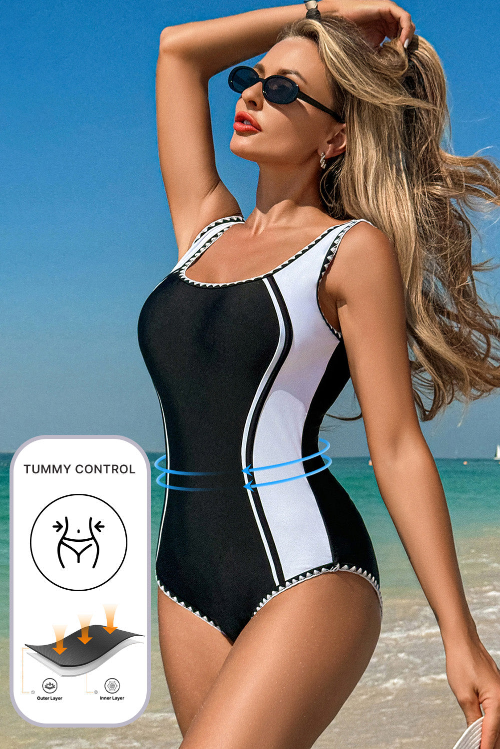 Black Colour Block Ric Rac Trim U Neck One Piece Swimsuit eAura