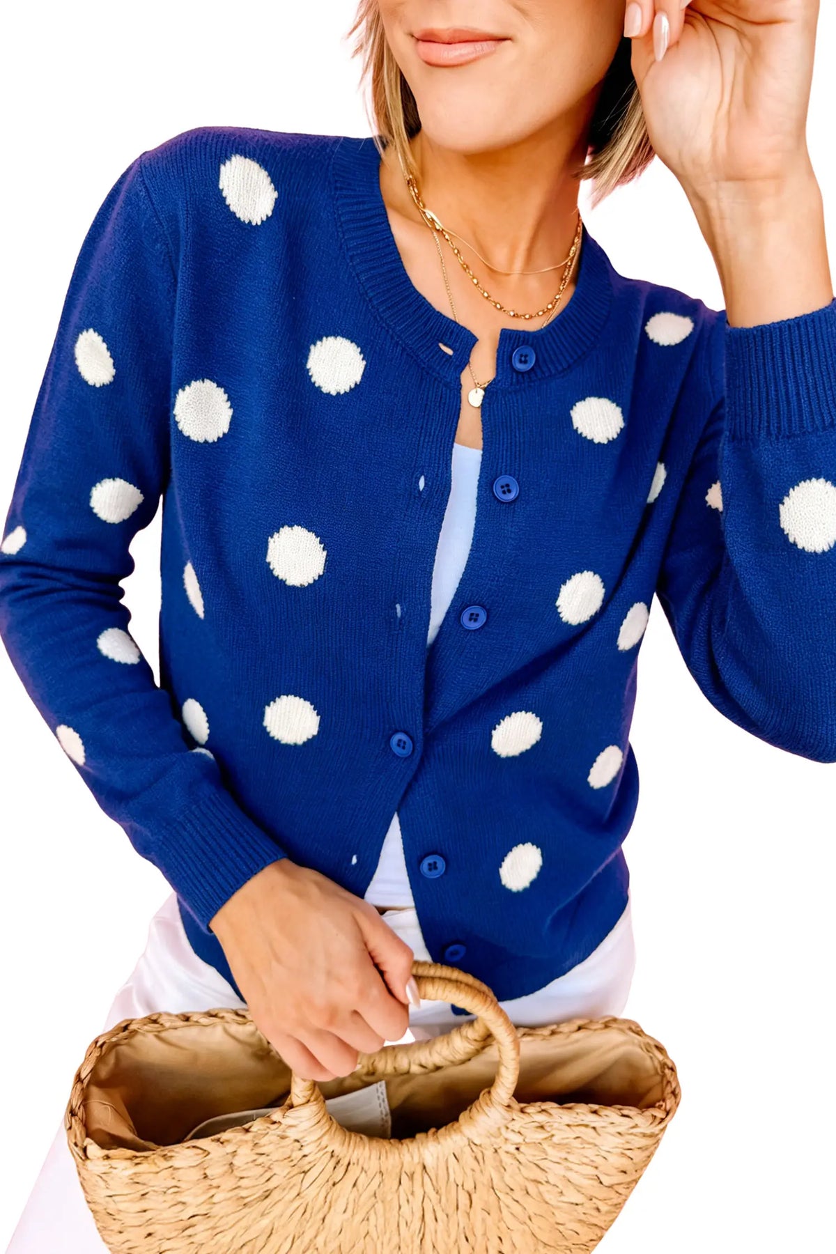Casual Polka Dot Button Front Long Sleeve Sweater Cardigan