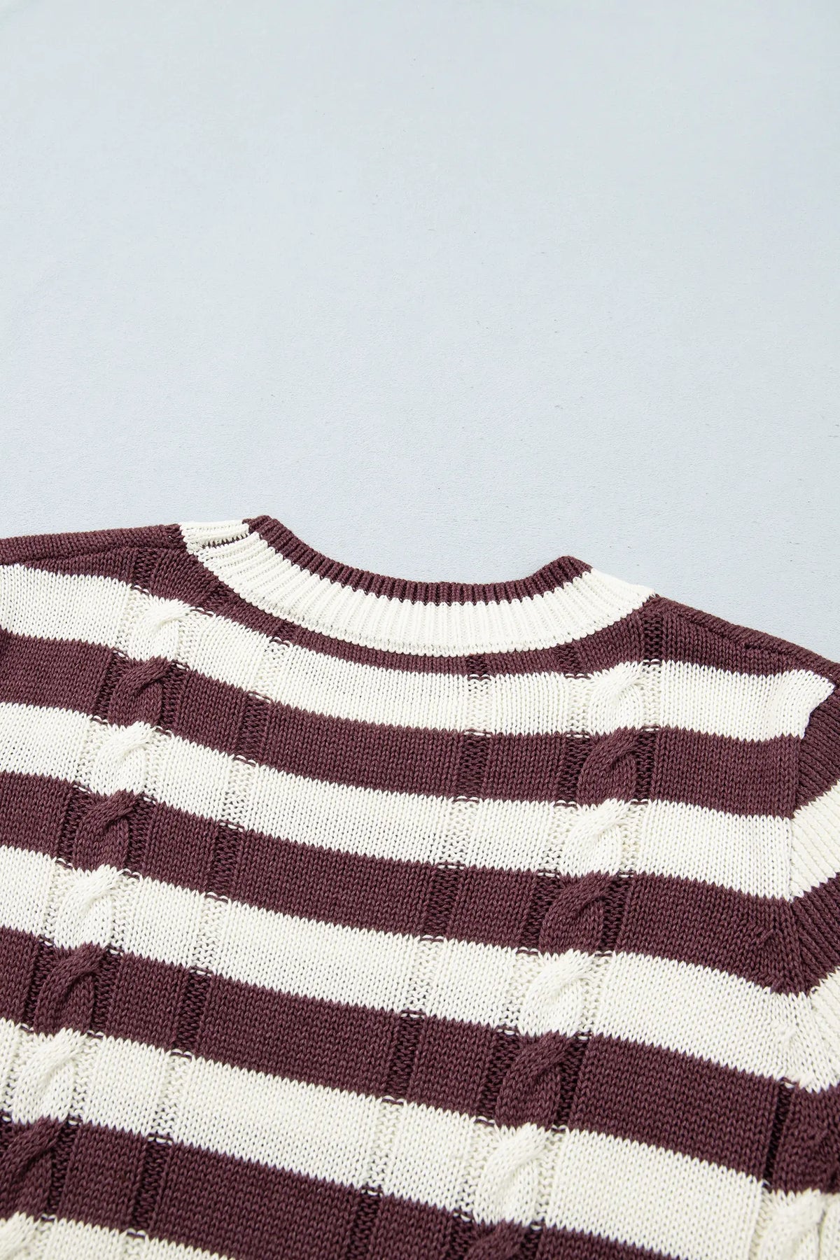 Ribbed Knit Cable Detail Short Sleeve Sweater – Brown Stripe