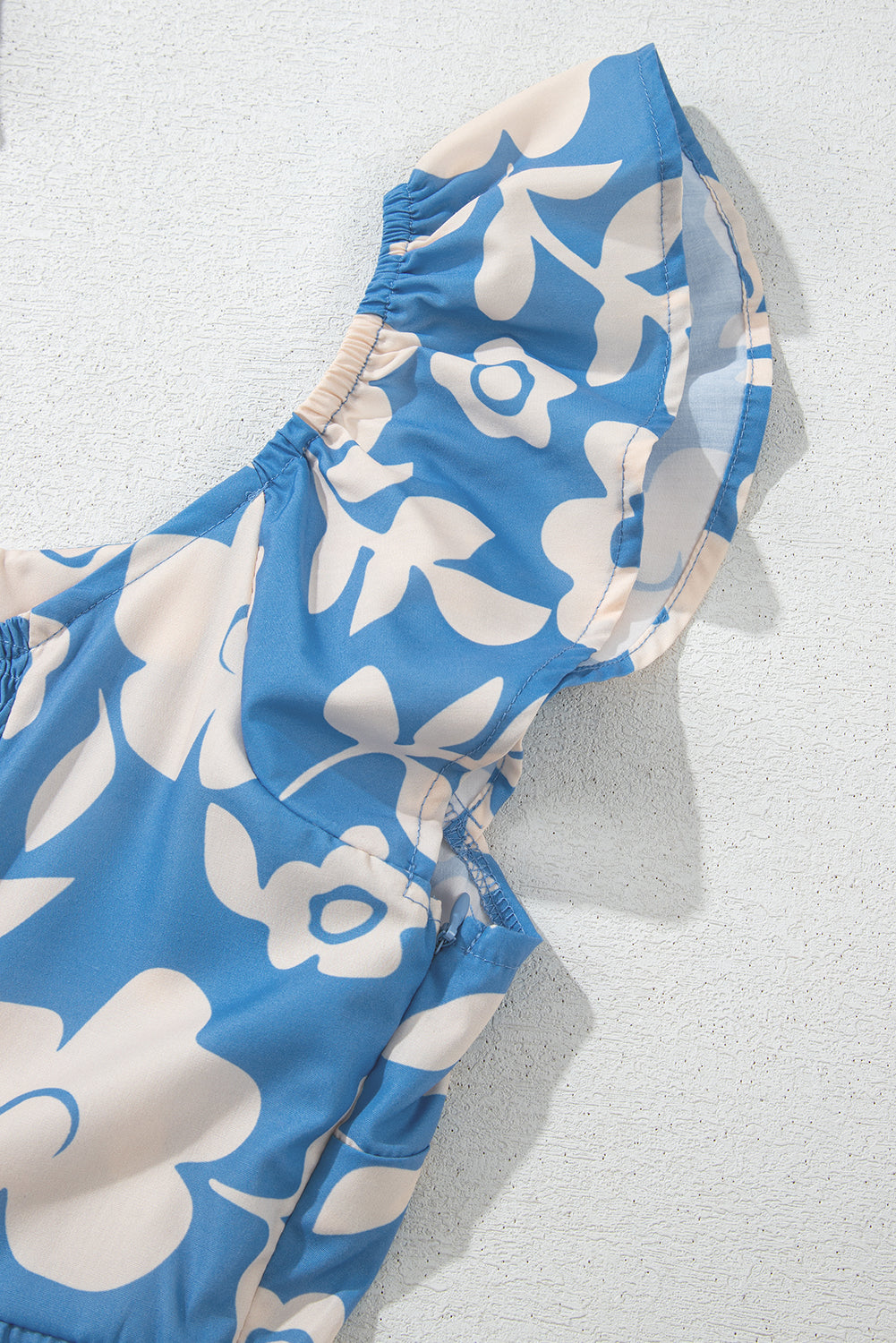 Sky Blue Floral U Neck Flutter Shoulder Tiered Flowy Midi Dress eAura