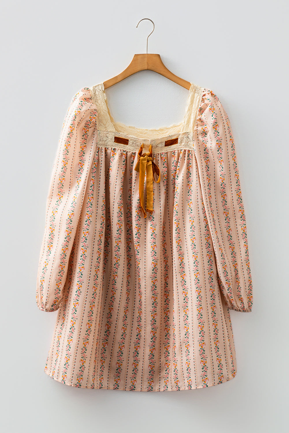 Floral Print Contrast Velvet Bow Lace Patchwork Long Sleeve Loose Mini Dress - eAura