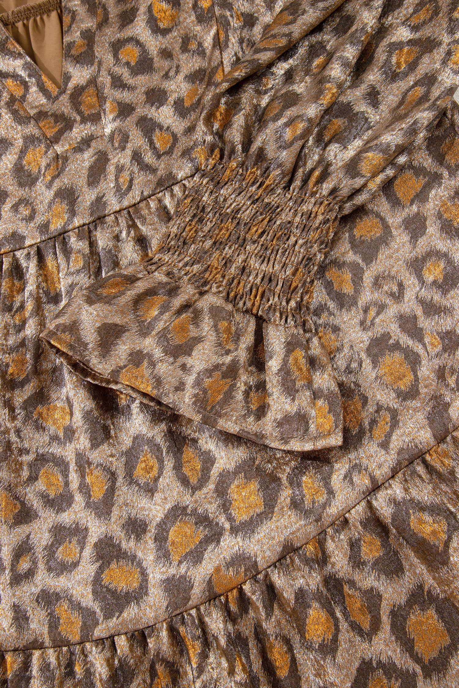 Khaki Leopard Print V-Neck Ruffled Sleeve Tiered Loose Mini Dress