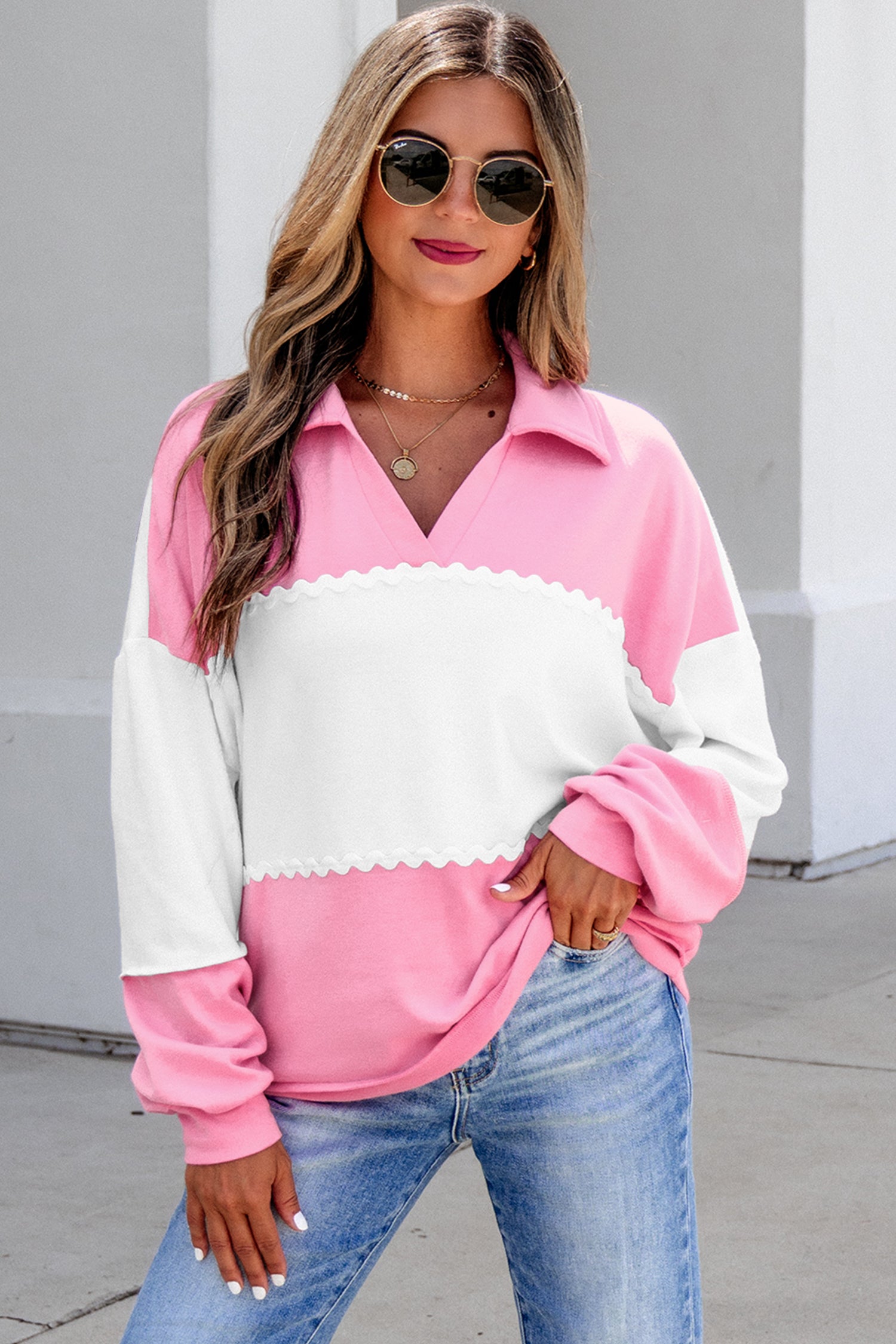 Color Block Ricrac Trim Patchwork Collar V Neck Long Sleeve Top – Rose Red