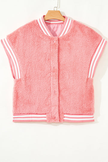 Gossamer Pink Varsity Striped Banding Patchwork Winter Plush Vest - Outerwear/Vests