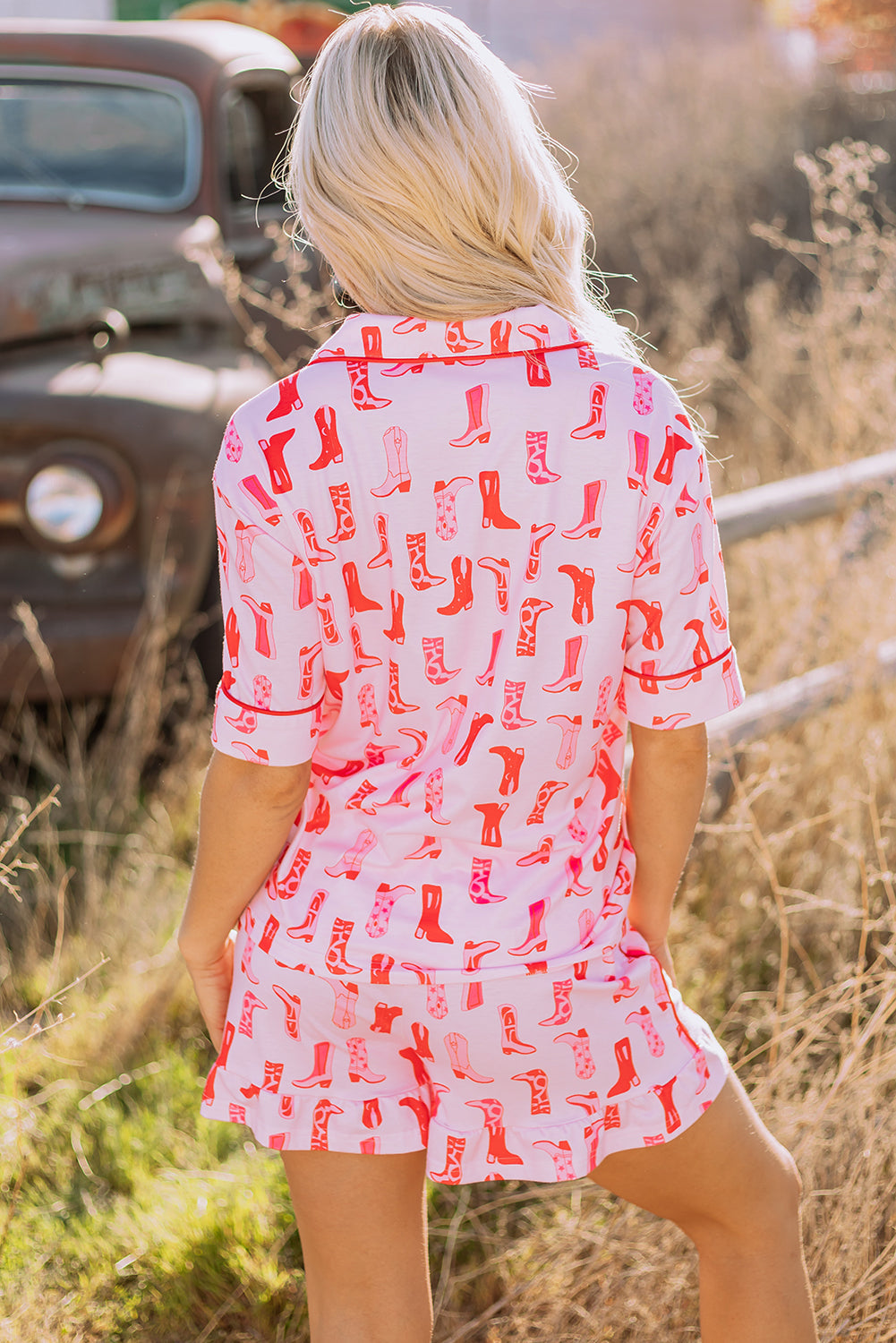 Pink Western Cowgirl Boots Printed Shirt Ruffled Shorts Pyjama Set eAura