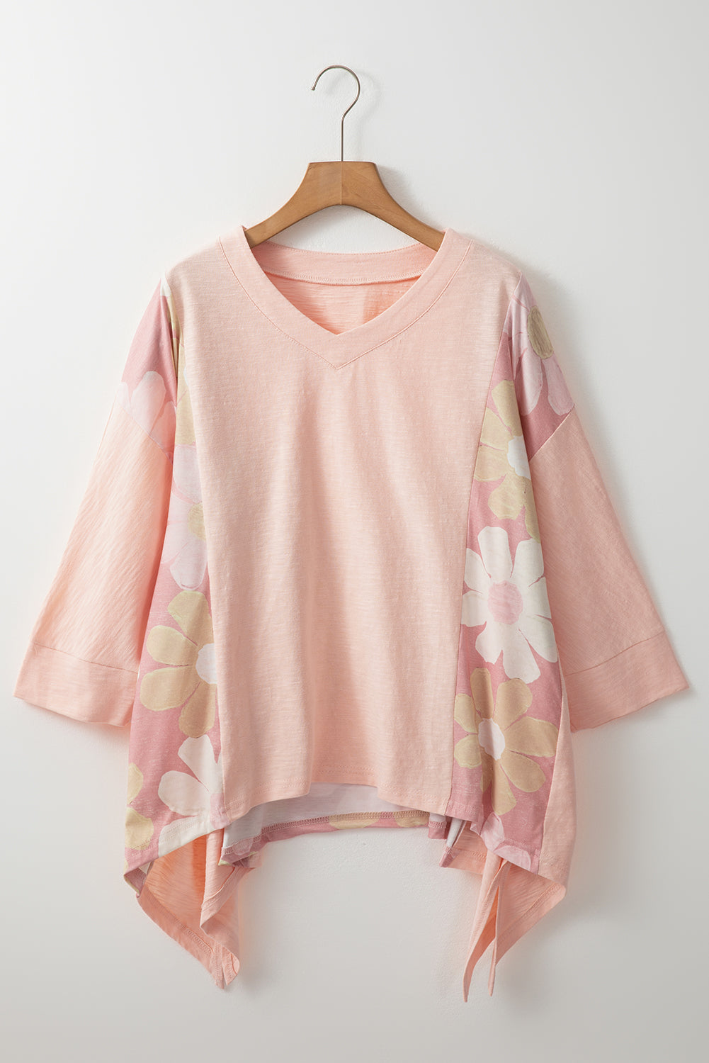 Pink Flower Patchwork Exposed Seam Oversized High Low Top eAura