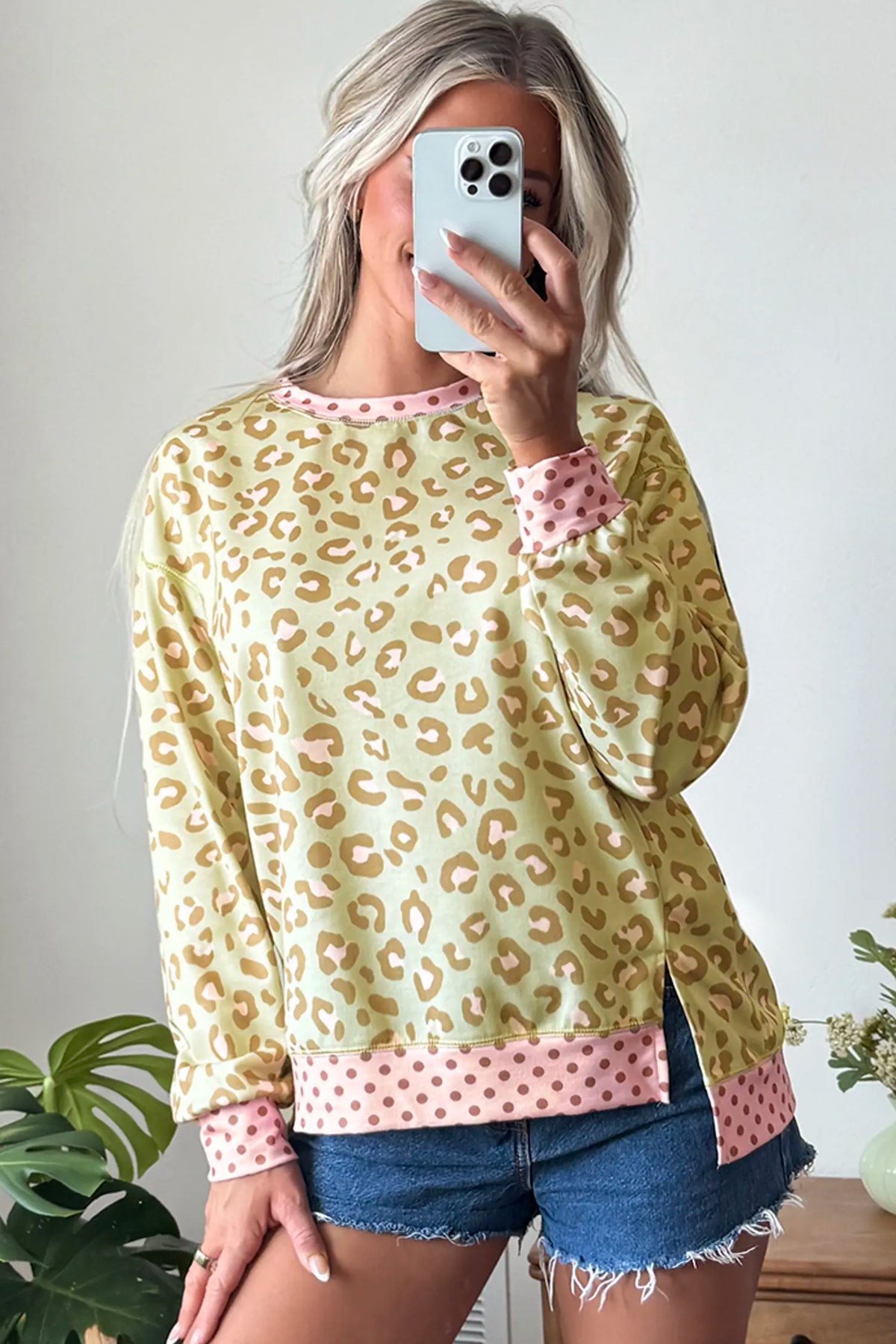 Leopard Polka Dot Colourblock Trim Long Sleeve Top – Khaki