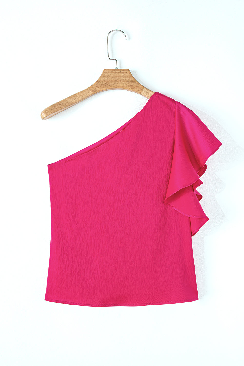 Strawberry Pink Asymmetric Shoulder Ruffle Sleeve Elegant Blouse eAura