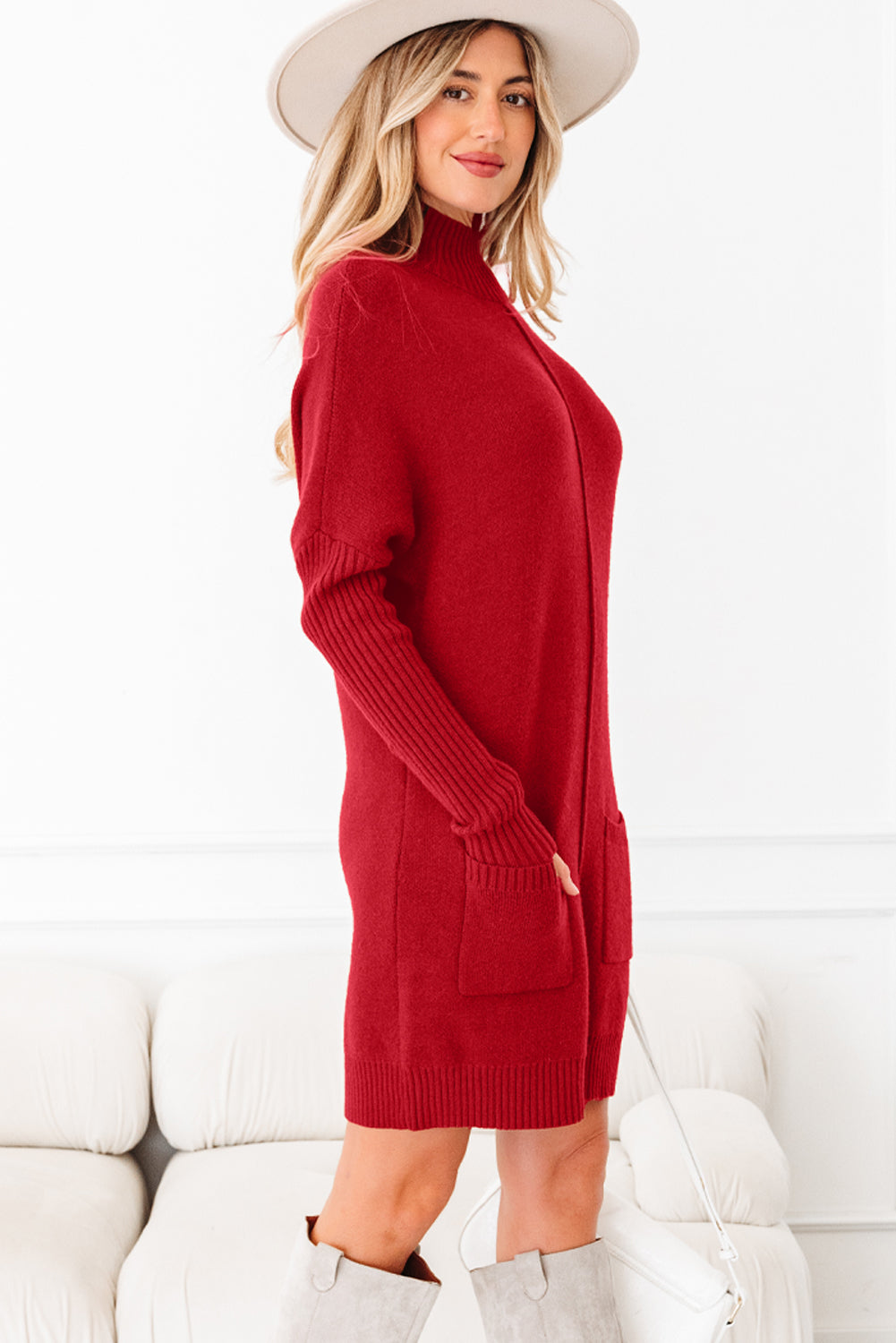 Ribbed High Neck Front Pockets Center Seam Shift Sweater Dress - eAura