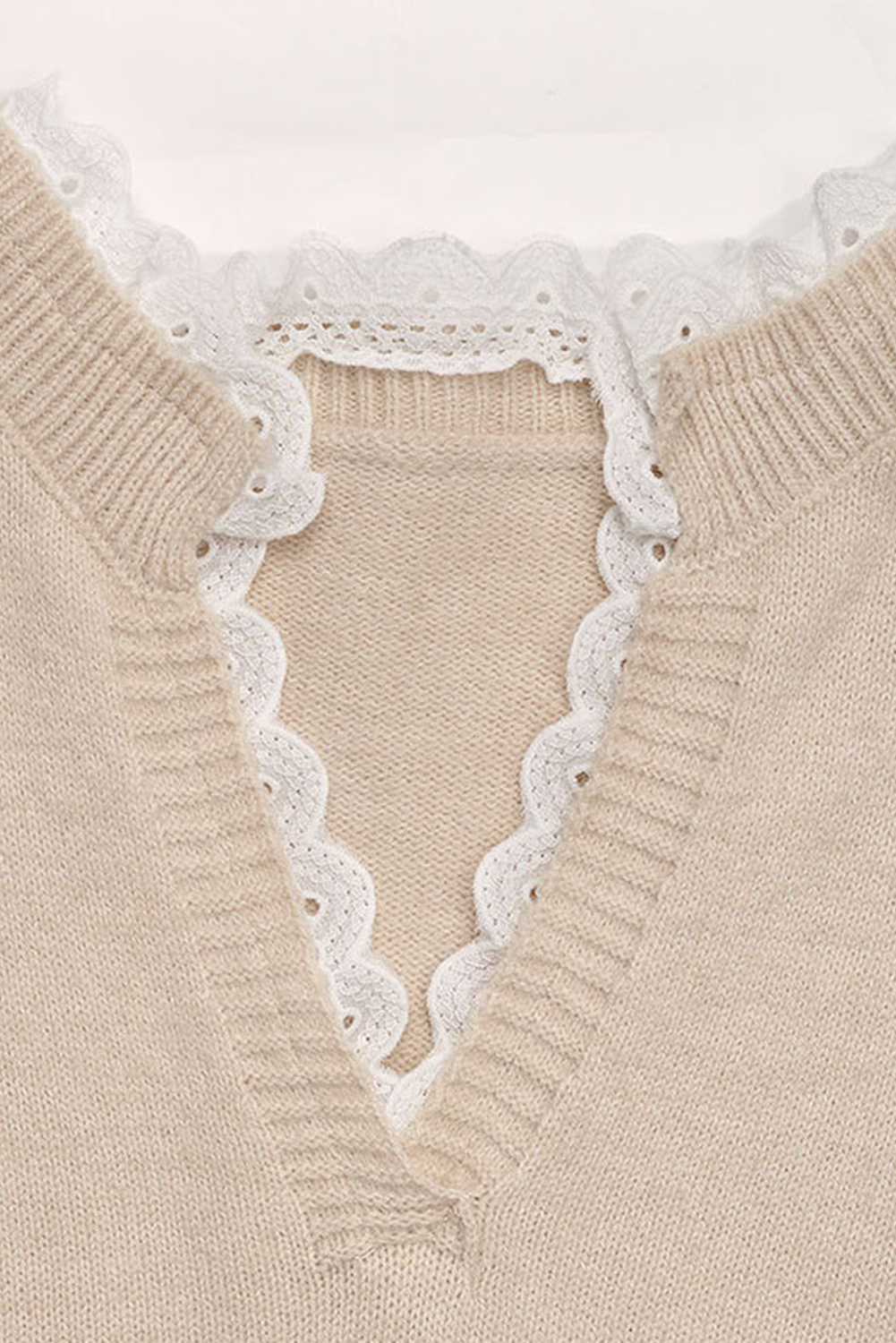 Heart Print Lace Splicing V Neck Valentines Sweater eAura