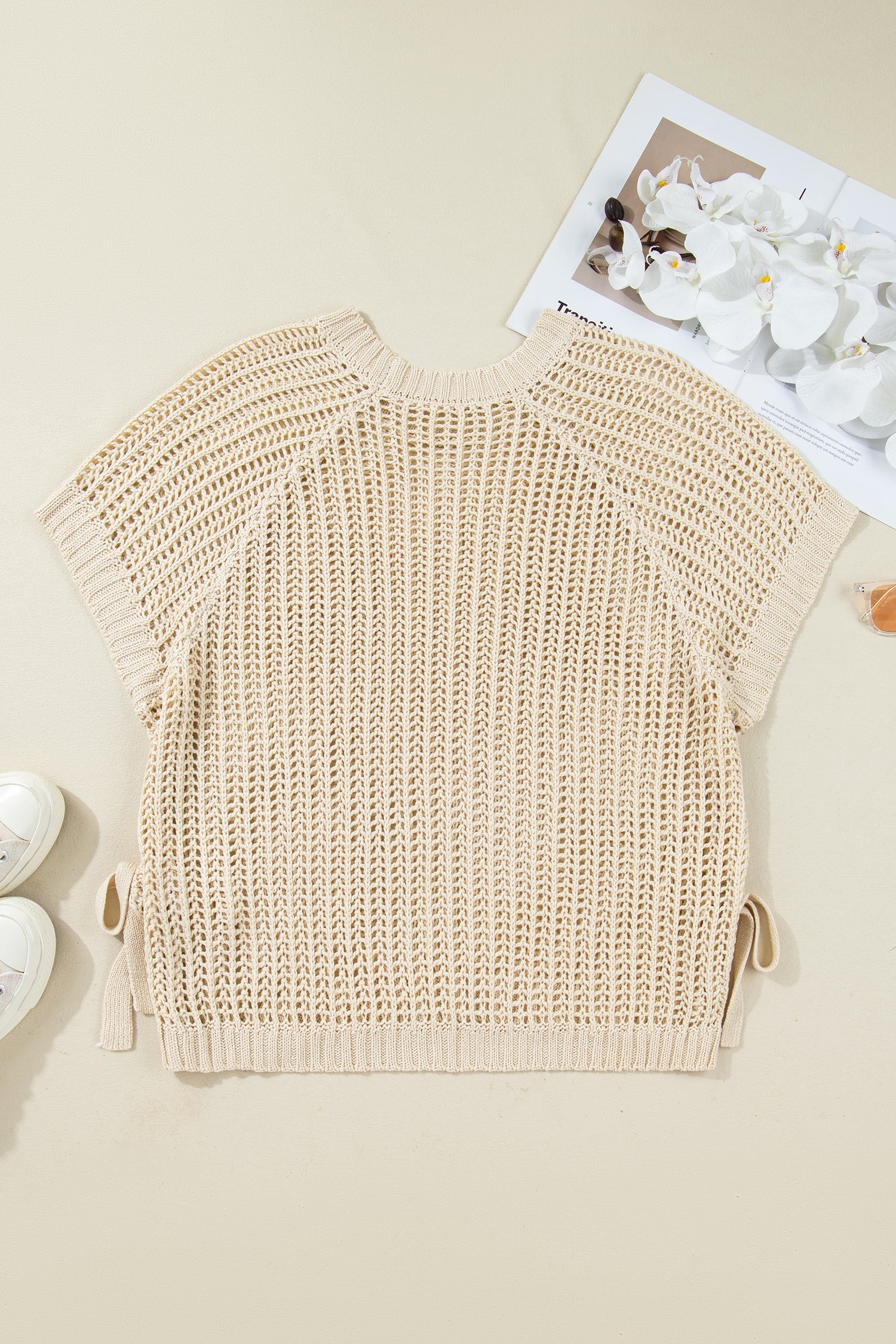 Plus Size Open Knit Bow Tie Short Sleeve Sweater - eAura
