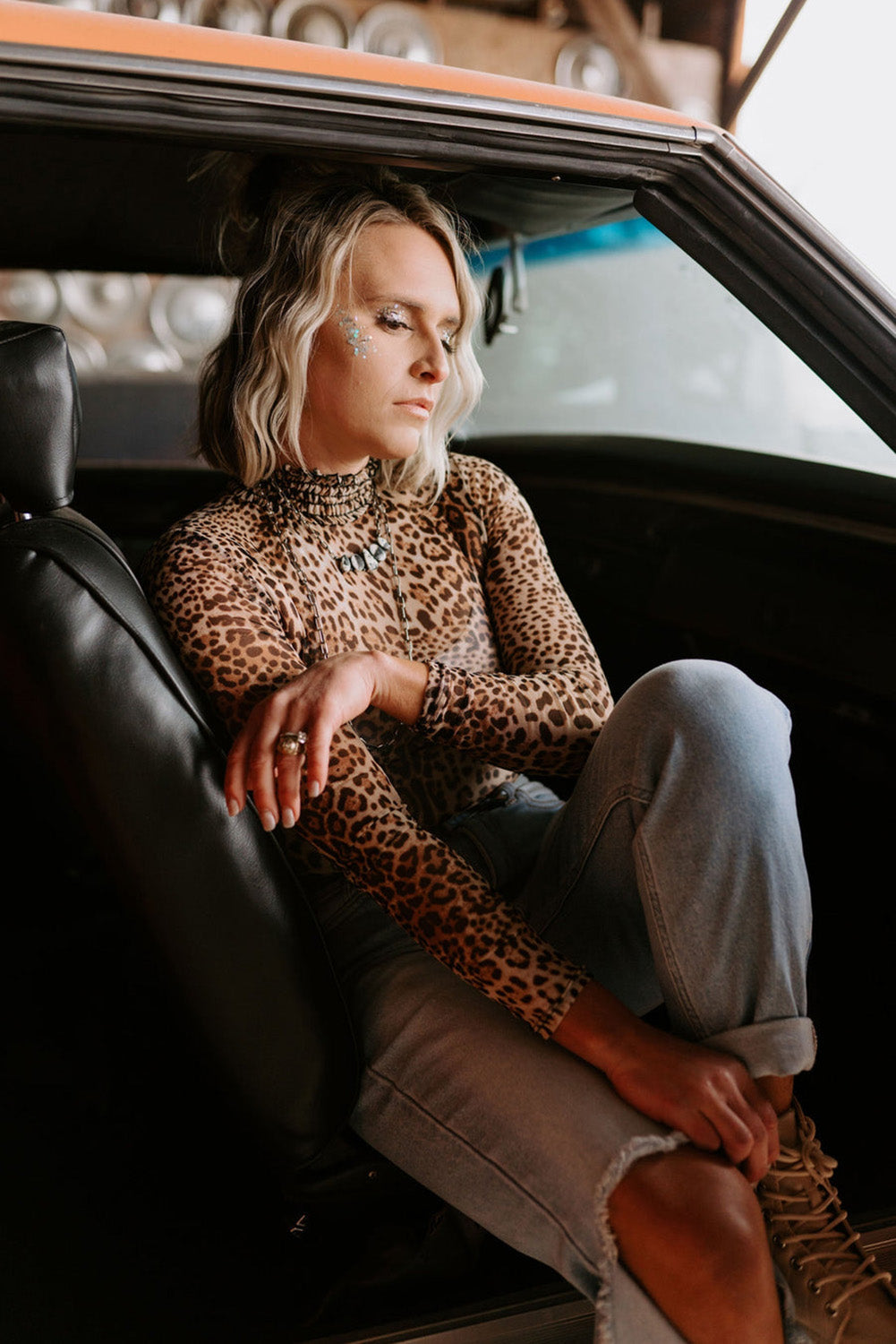Brown Leopard Smocked Neck Mesh Long Sleeve Bodysuit eAura