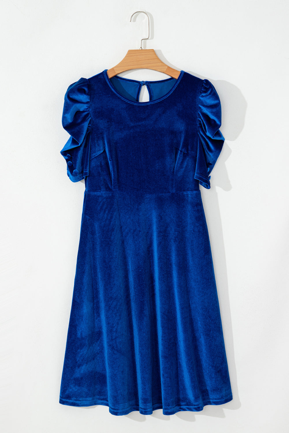Sail Blue Velvet Ruched Short Sleeve Pocketed Mini Dress Beagle Boutique Fashion Outlet