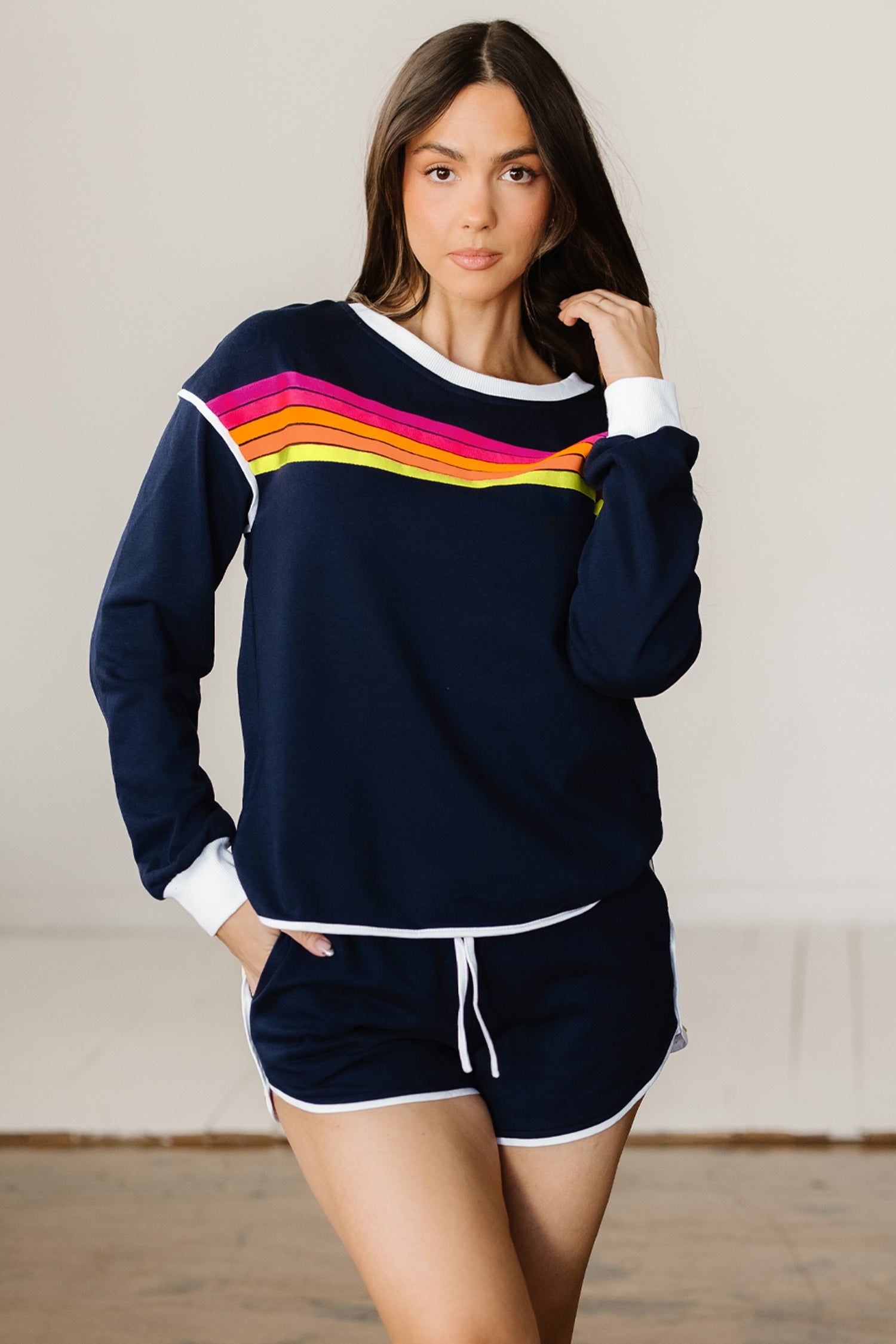Colourful Striped Accent Varsity Long Sleeve Pullover and Shorts Co-ord Set - Two Piece Sets/Short Sets