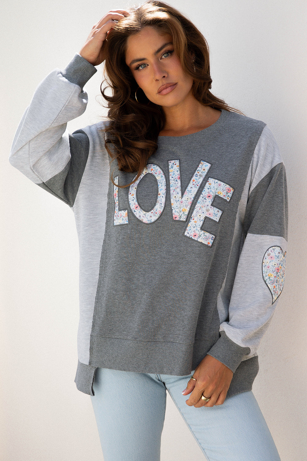 LOVE Graphic Exposed Seam Patchwork Uneven Hem Chic Sweatshirt - eAura