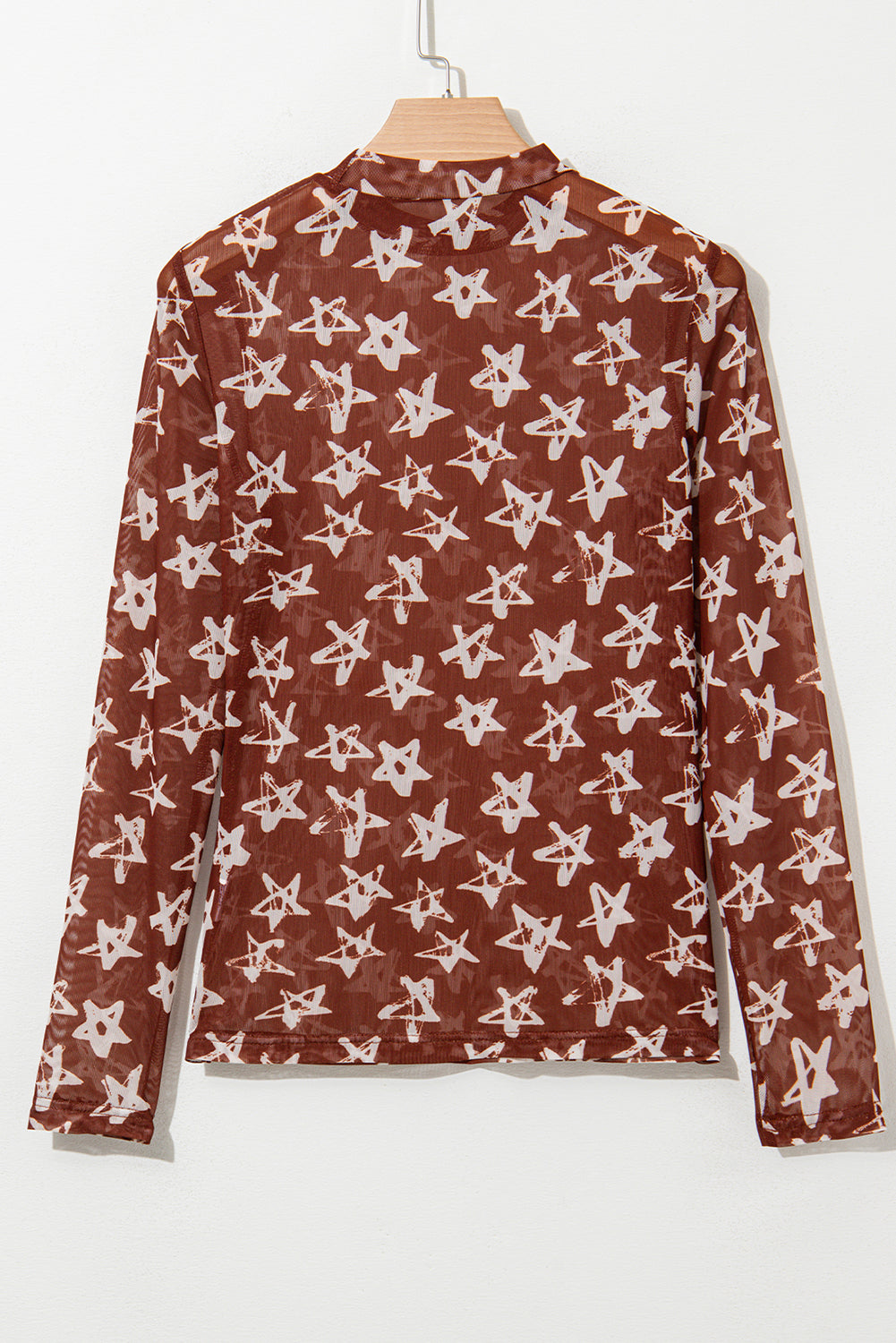 Mesh Star Print Mock Neck Sheath Long Sleeve Top BB Fashion Outlet