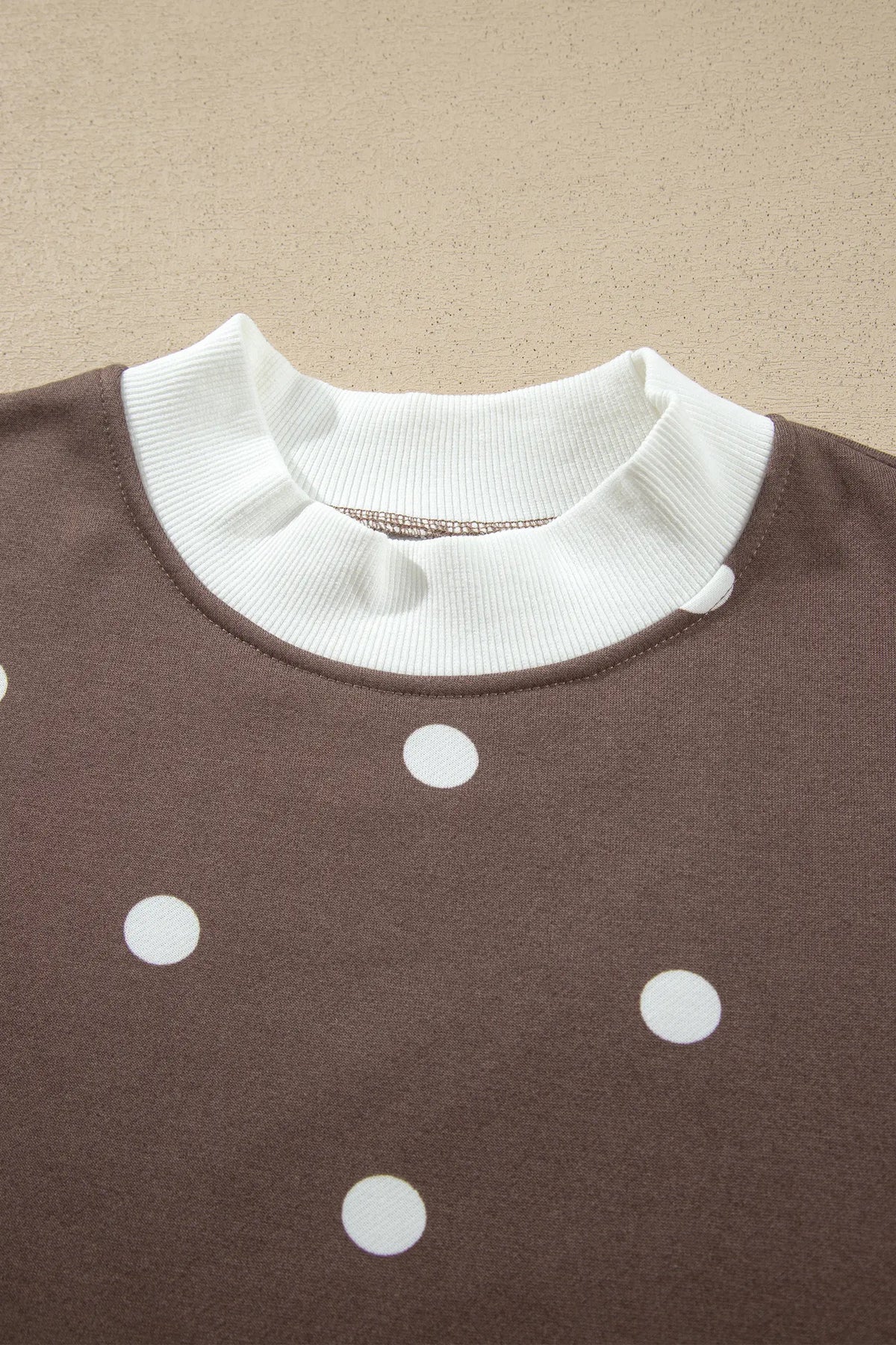 Polka Dot Ribbed Trim Long Sleeve Top Casual Short Set – Brown