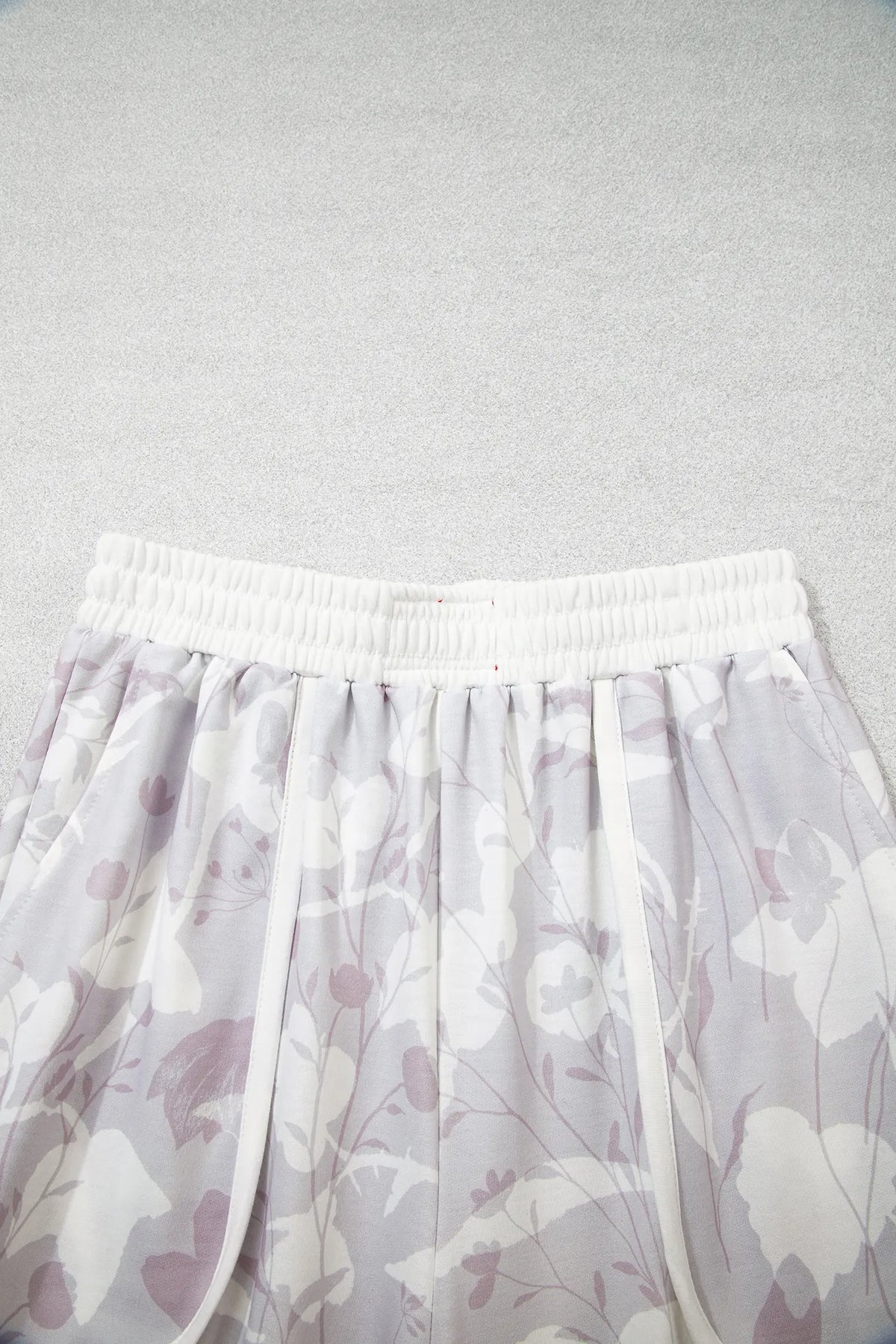 Floral Print Wide Leg Ankle-Length Elastic Waistband Pants – Grey
