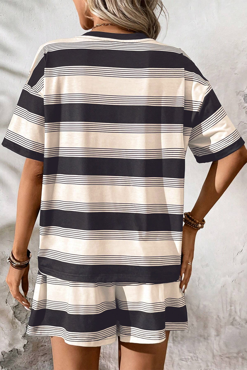 Black Stripe Short Sleeve T Shirt and High Waist Pocketed Shorts Set eAura