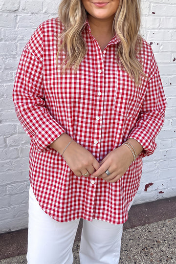 Plaid V Neck Long Sleeve Tunic Loose Fit Plus Size Shirt – Red