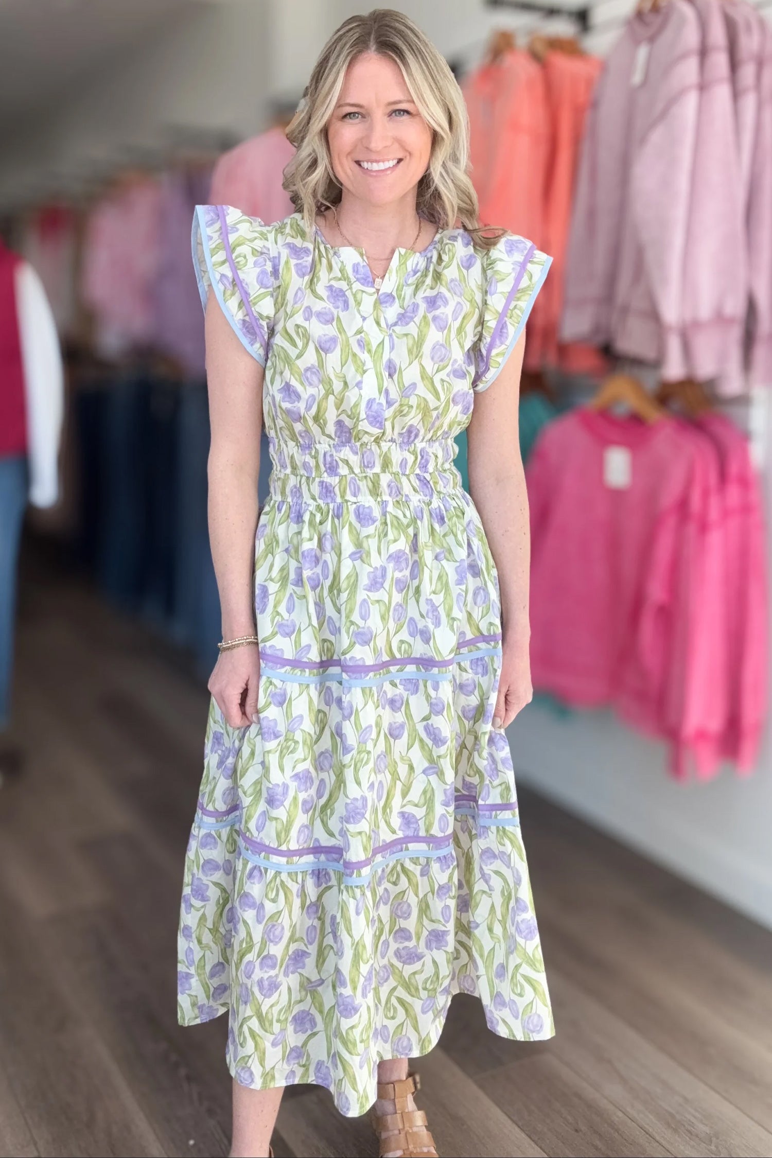 Tulip Floral Print Contrast Trim Midi Dress – Purple