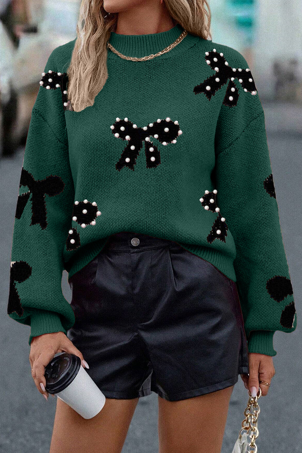 Pearl Embellished Bow Pattern Loose Sweater - eAura