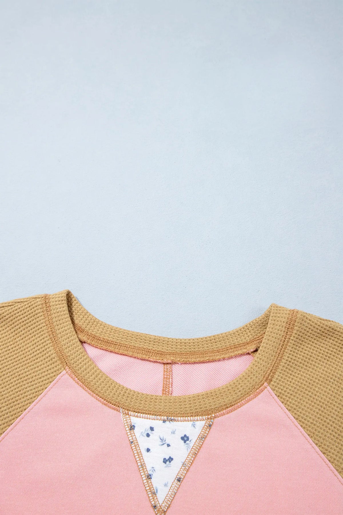 Colour Block Floral Waffle Mixed Patchwork Long Sleeve Top – Apricot Pink