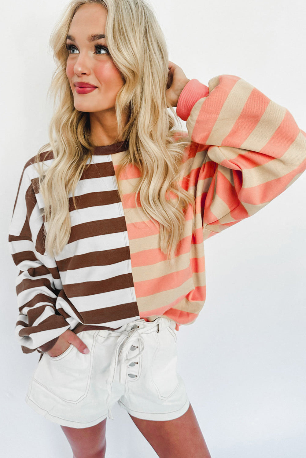 Brown Stripe Colour Block Drop Shoulder Pullover Sweatshirt eAura