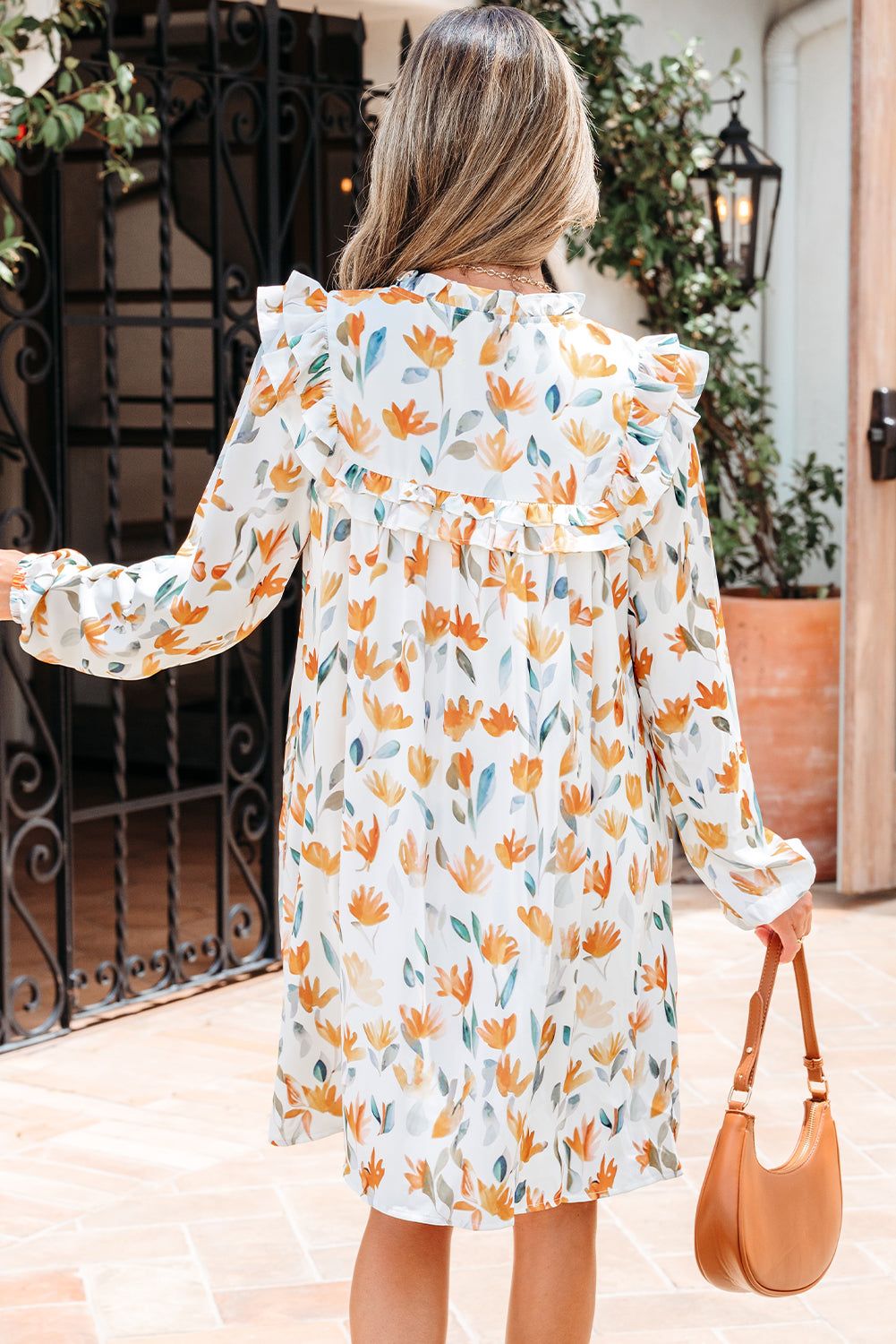 Yellow Floral Print Tie Neck Frilled Detail Long Sleeve Mini Dress eAura