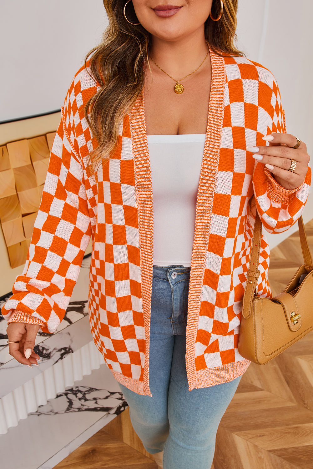 Checkered Bubble Sleeve Drop Shoulder Open Cardigan eAura