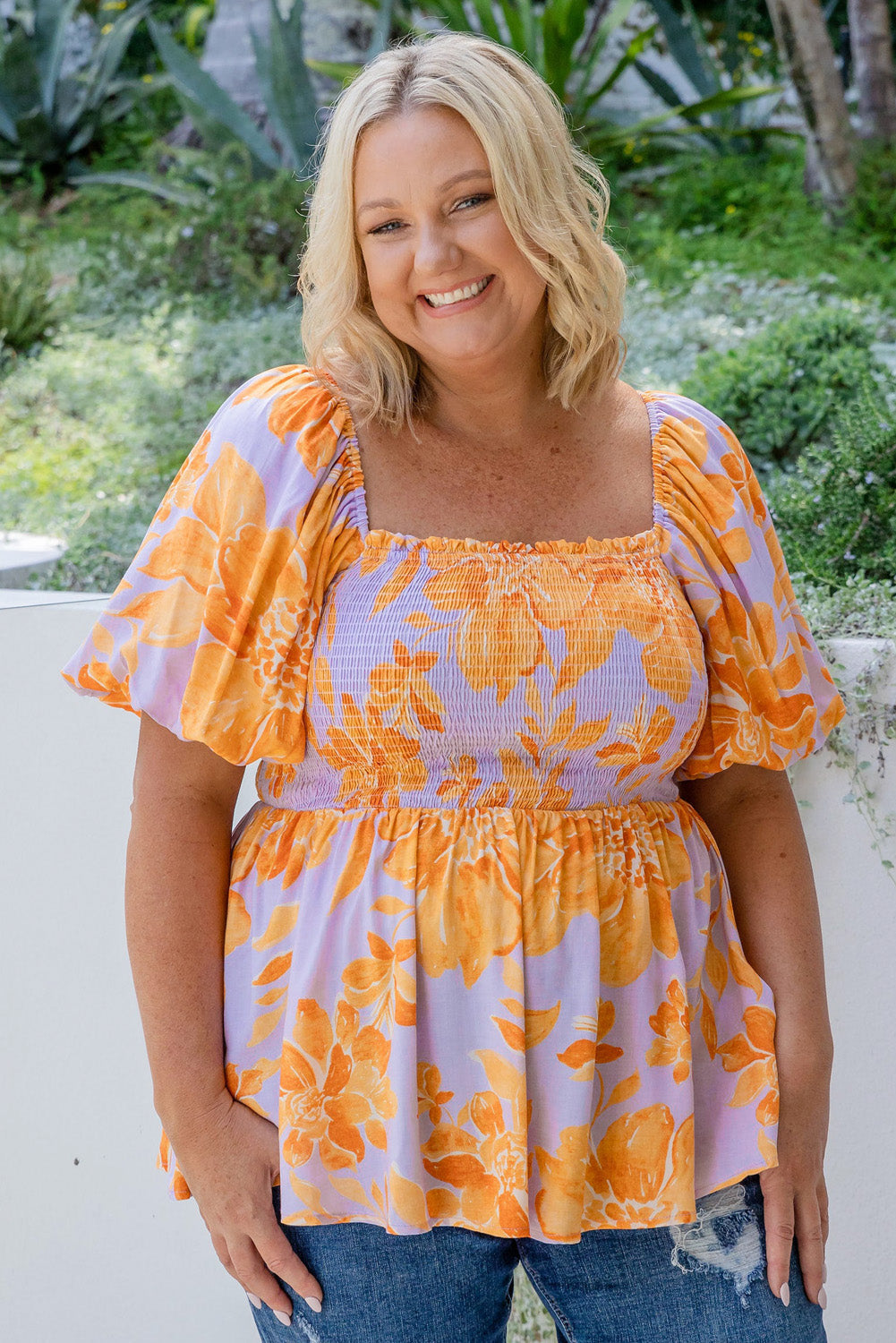 Purple Floral Puff Sleeve Square Neck Smocked Plus Size Babydoll Blouse BB Fashion Outlet