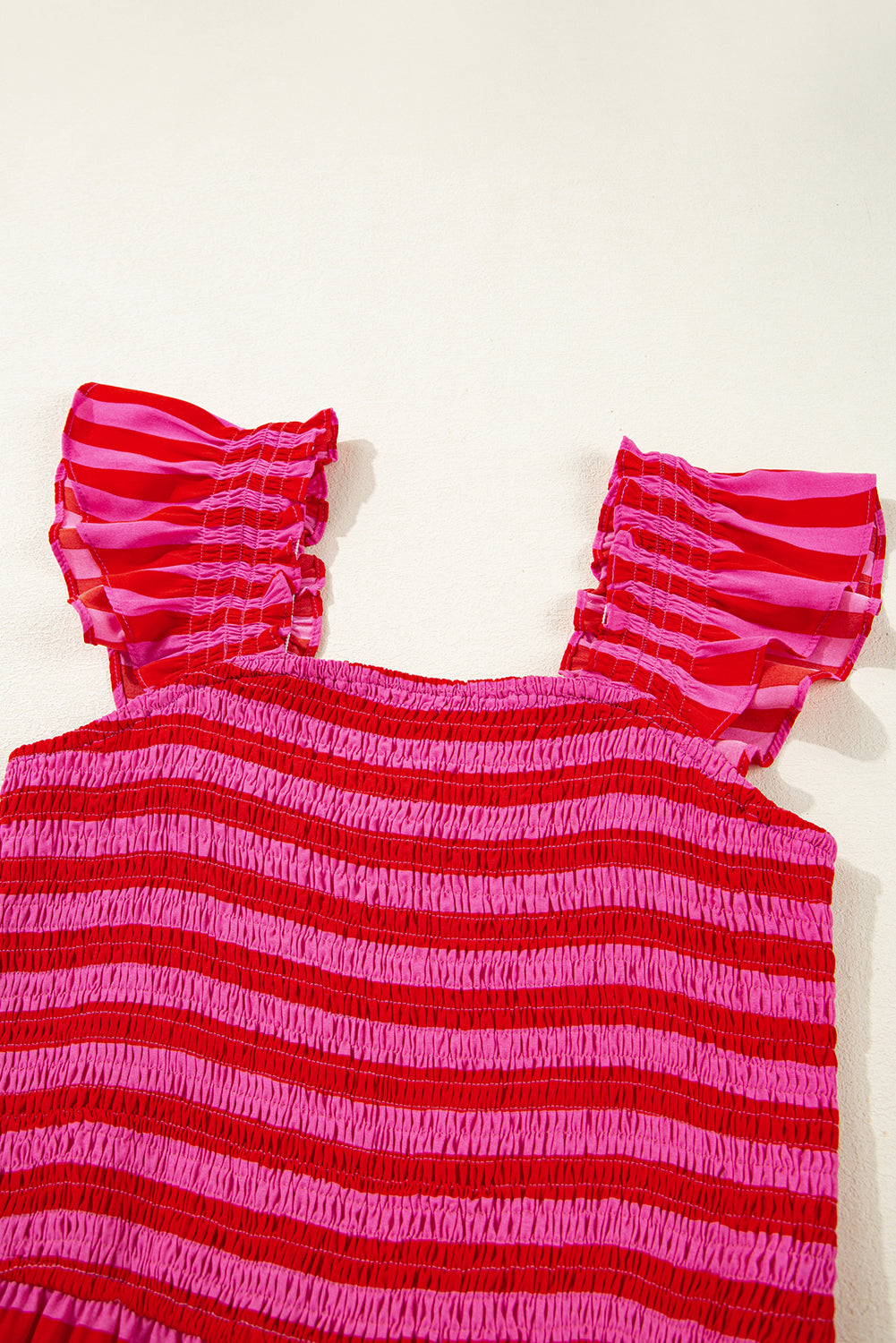 Rose Stripe Flutter Sleeve Smocked Bodice Tiered Maxi Dress eAura