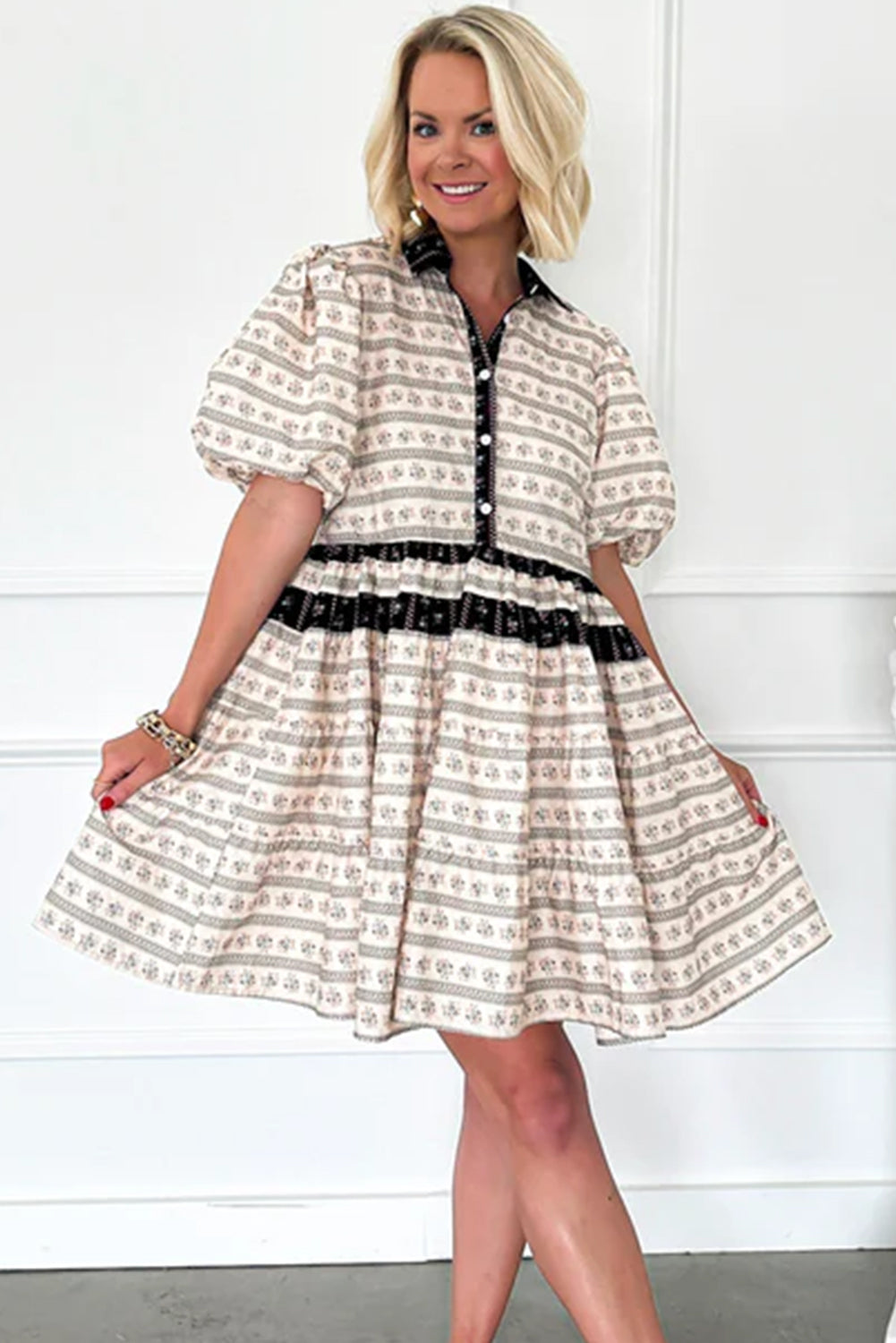 Black Boho Floral Striped Contrast Trim Bubble Sleeve Flared Dress eAura